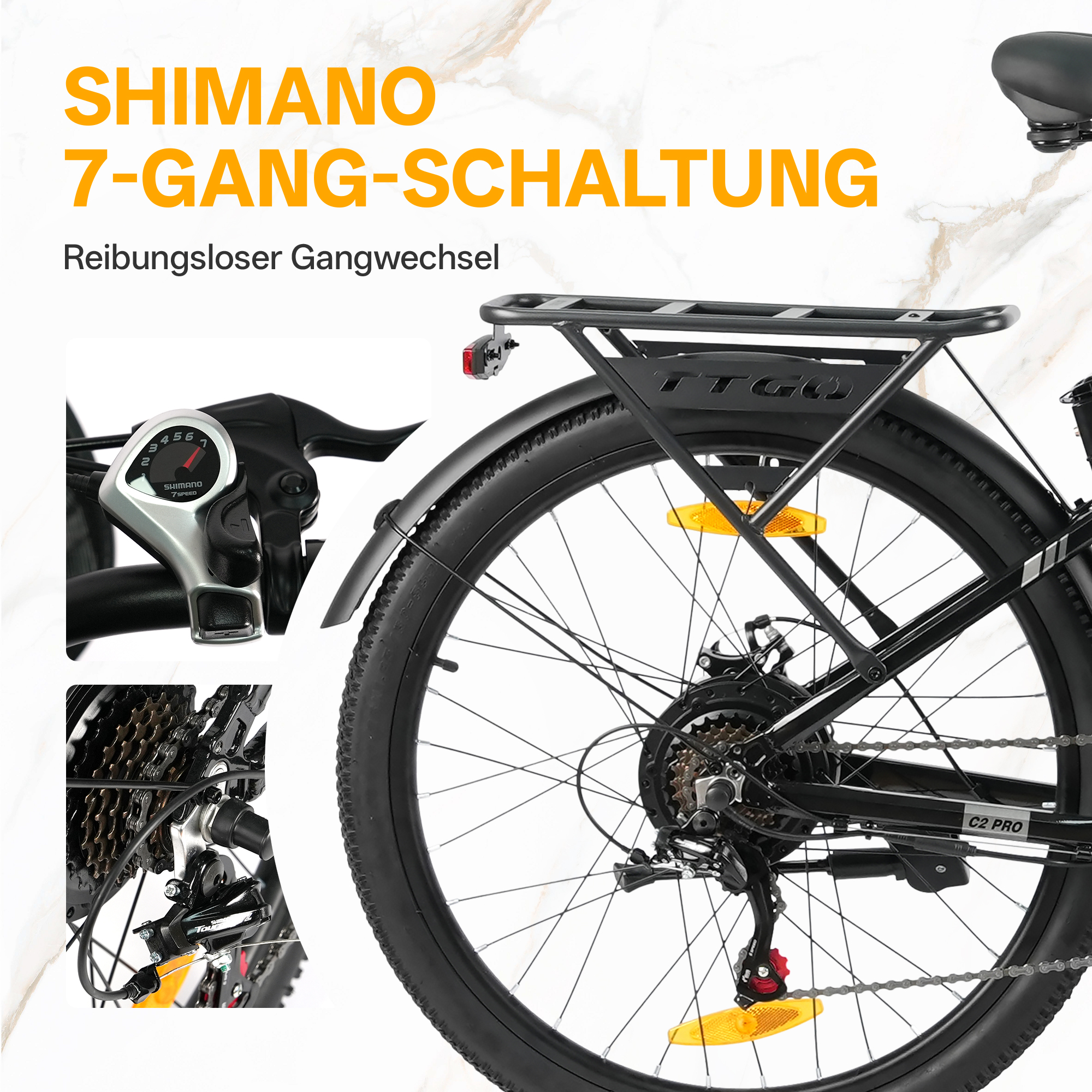 Nahaufnahme einer 7-Gang-Shimano-Schaltung mit Gangwahlanzeige und Kette.
