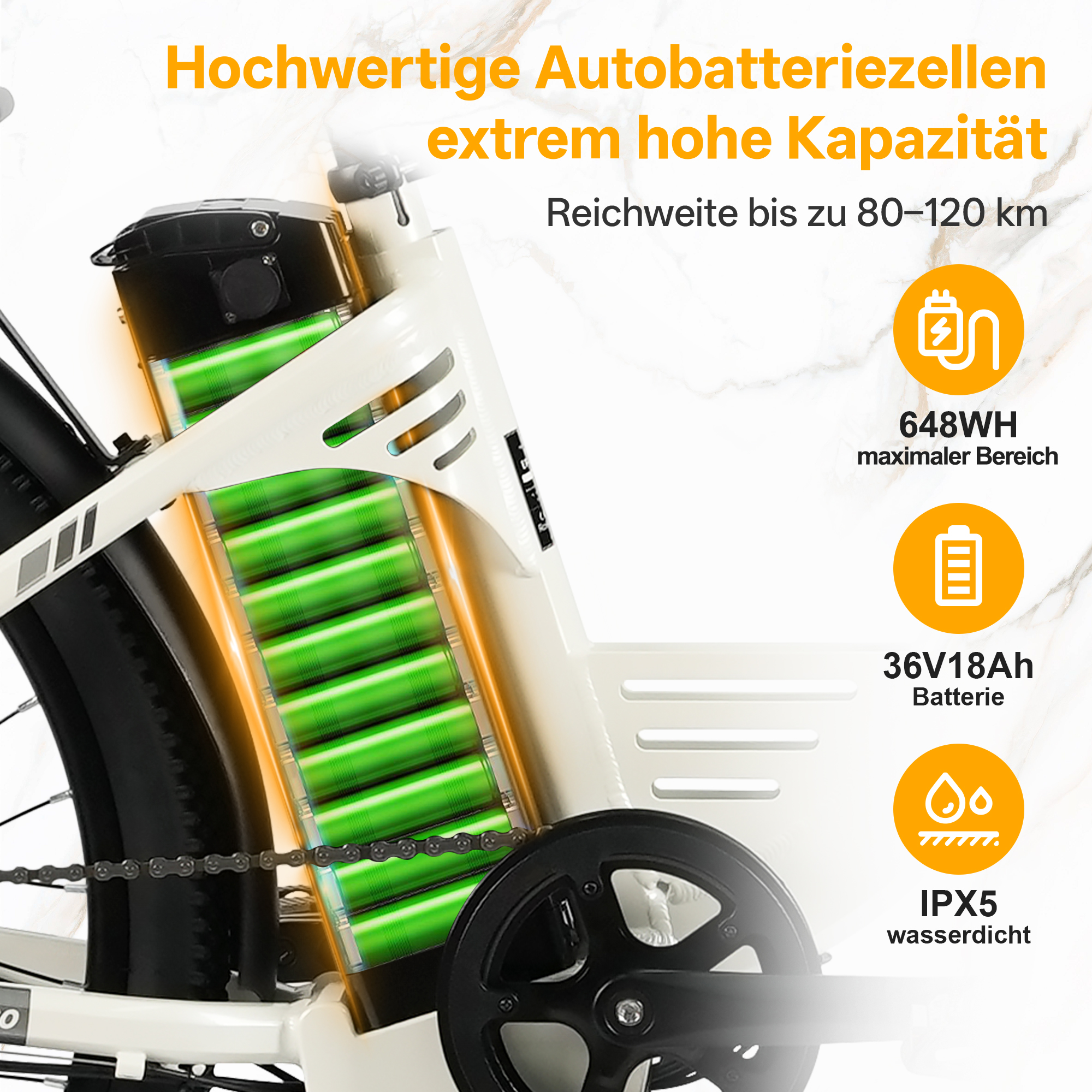 Nahaufnahme einer weißen E-Bike-Batterie mit grünen Zellen. Reichweite 80-120 km.