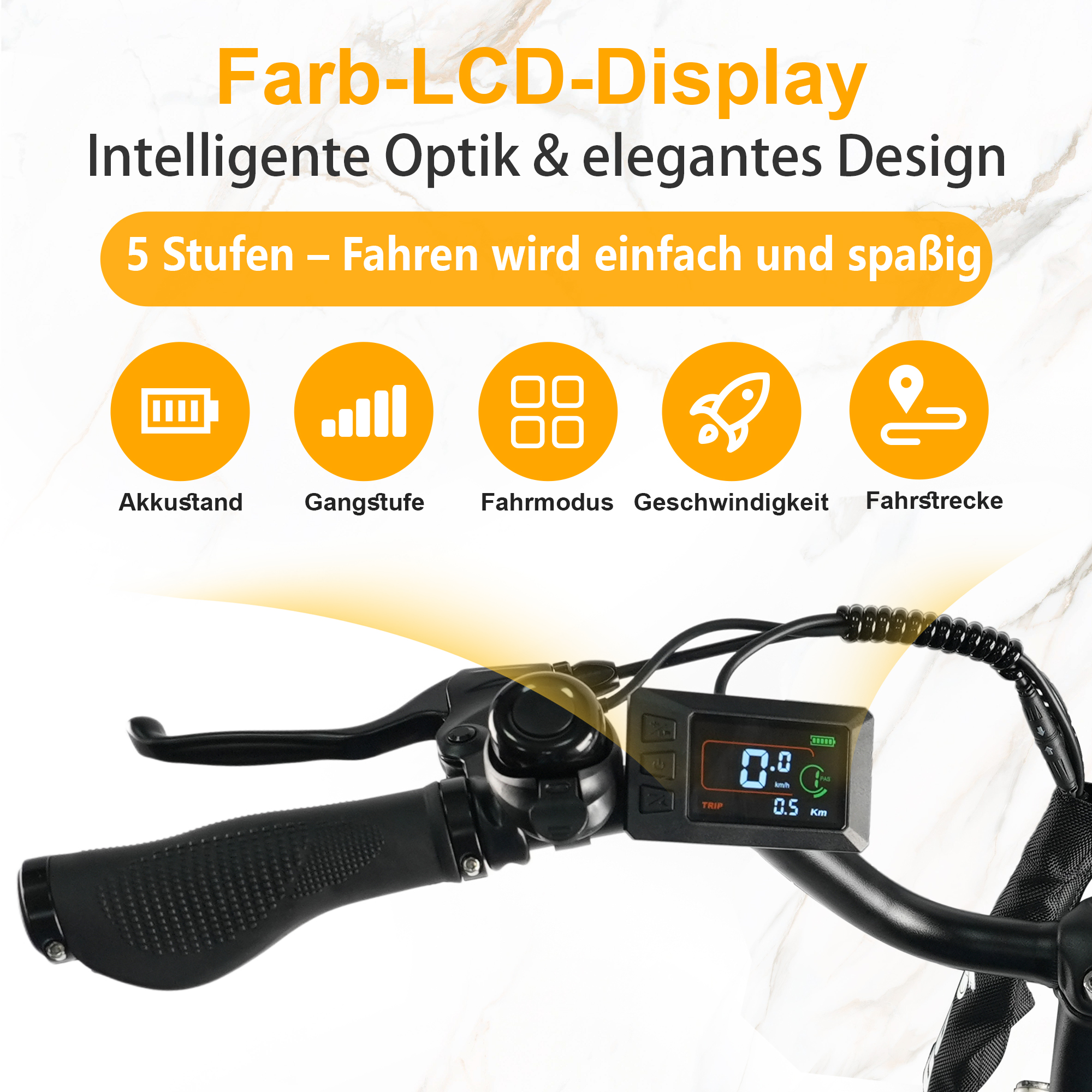 Fahrradlenker mit Farb-LCD-Display, das Akku, Gang, Modus, Geschwindigkeit und Distanz anzeigt.