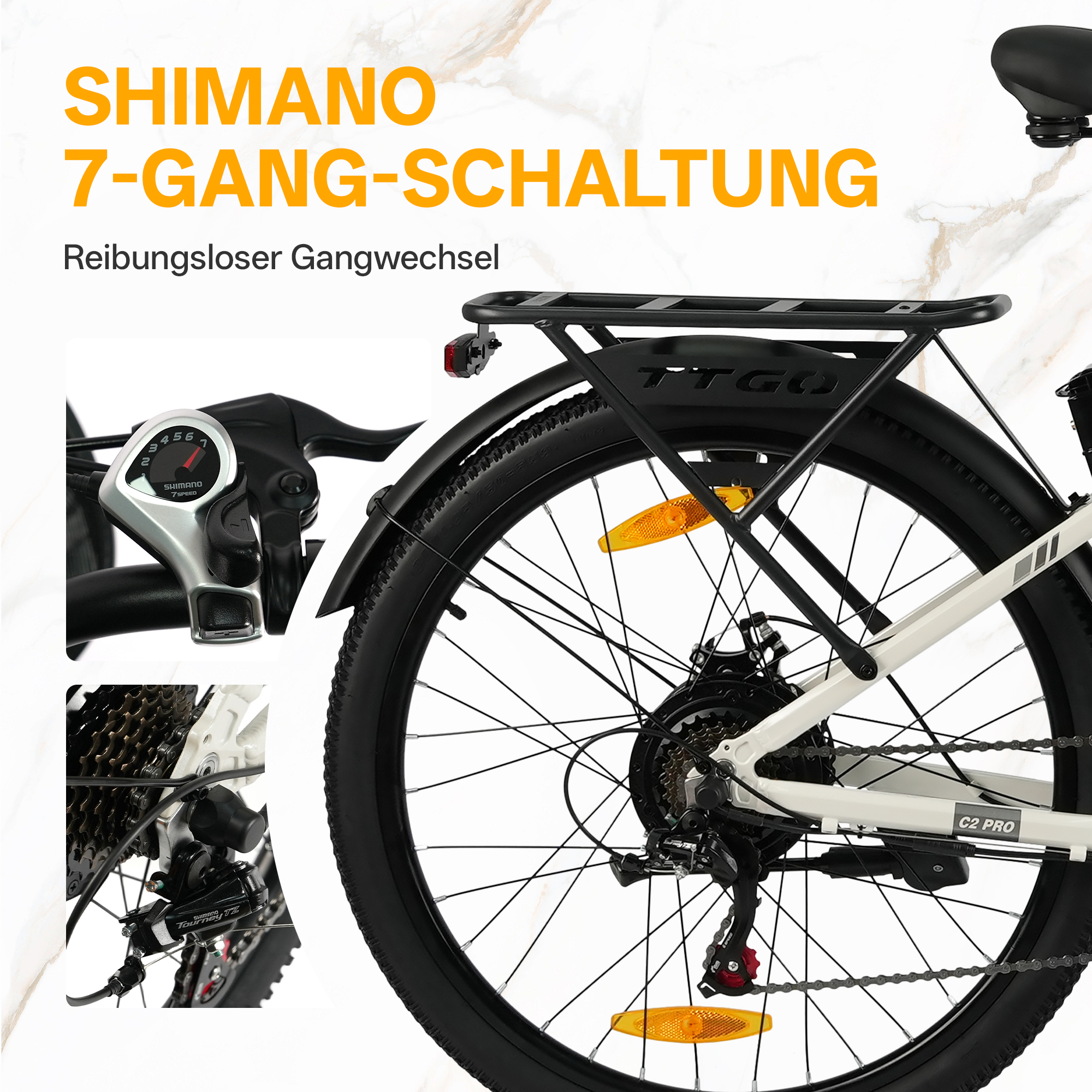 Nahaufnahme einer weißen E-Bike-Schaltung mit 'SHIMANO 7-GANG' und Kette.