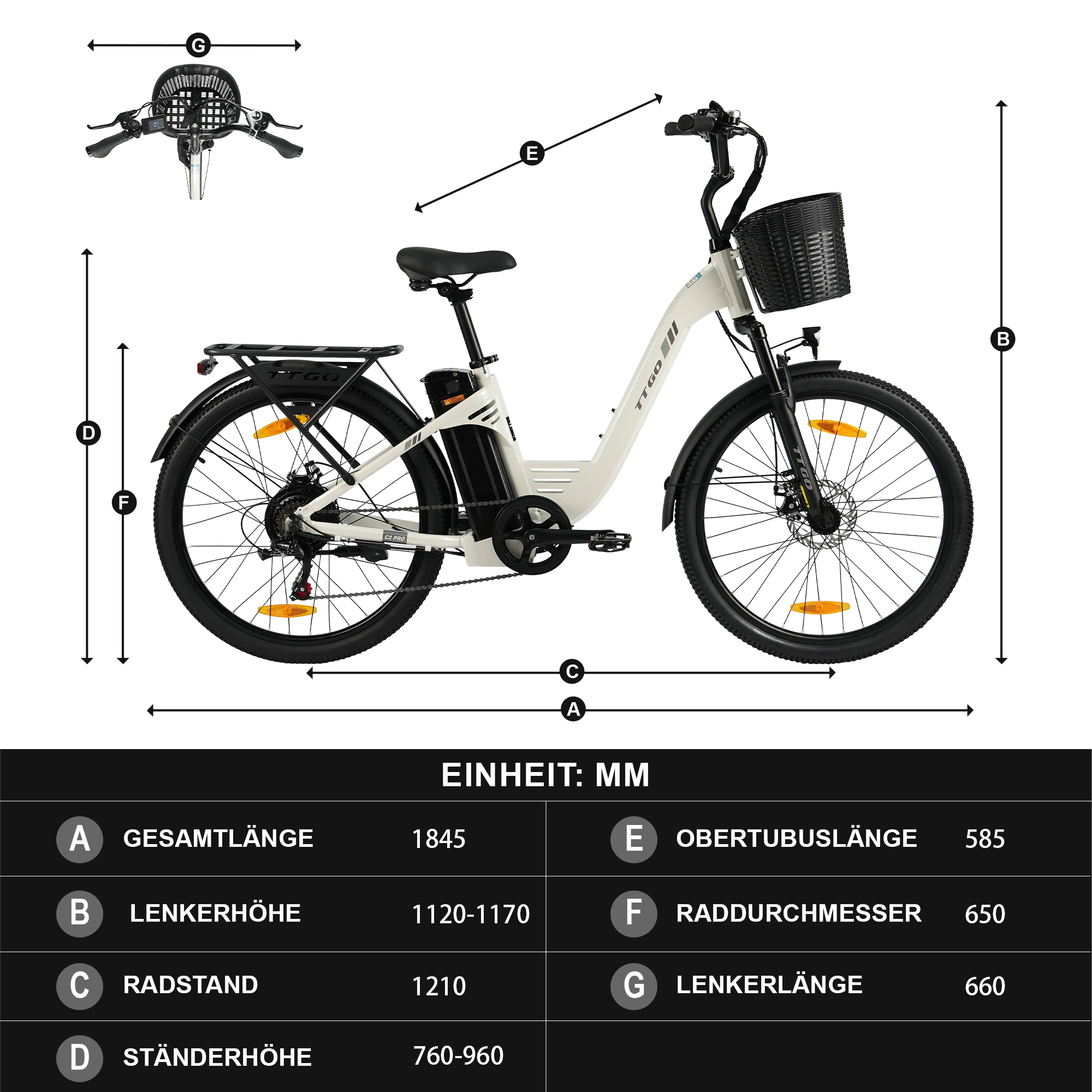 Schemazeichnung eines weißen E-Bikes mit Maßen und Beschriftungen.