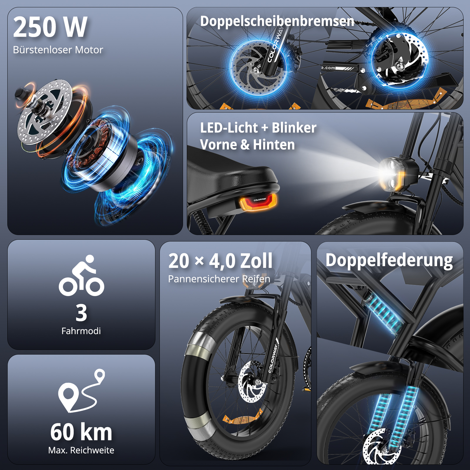E-Bike-Details: 250W Motor, Scheibenbremsen, LED-Licht, 3 Modi, 60km Reichweite.