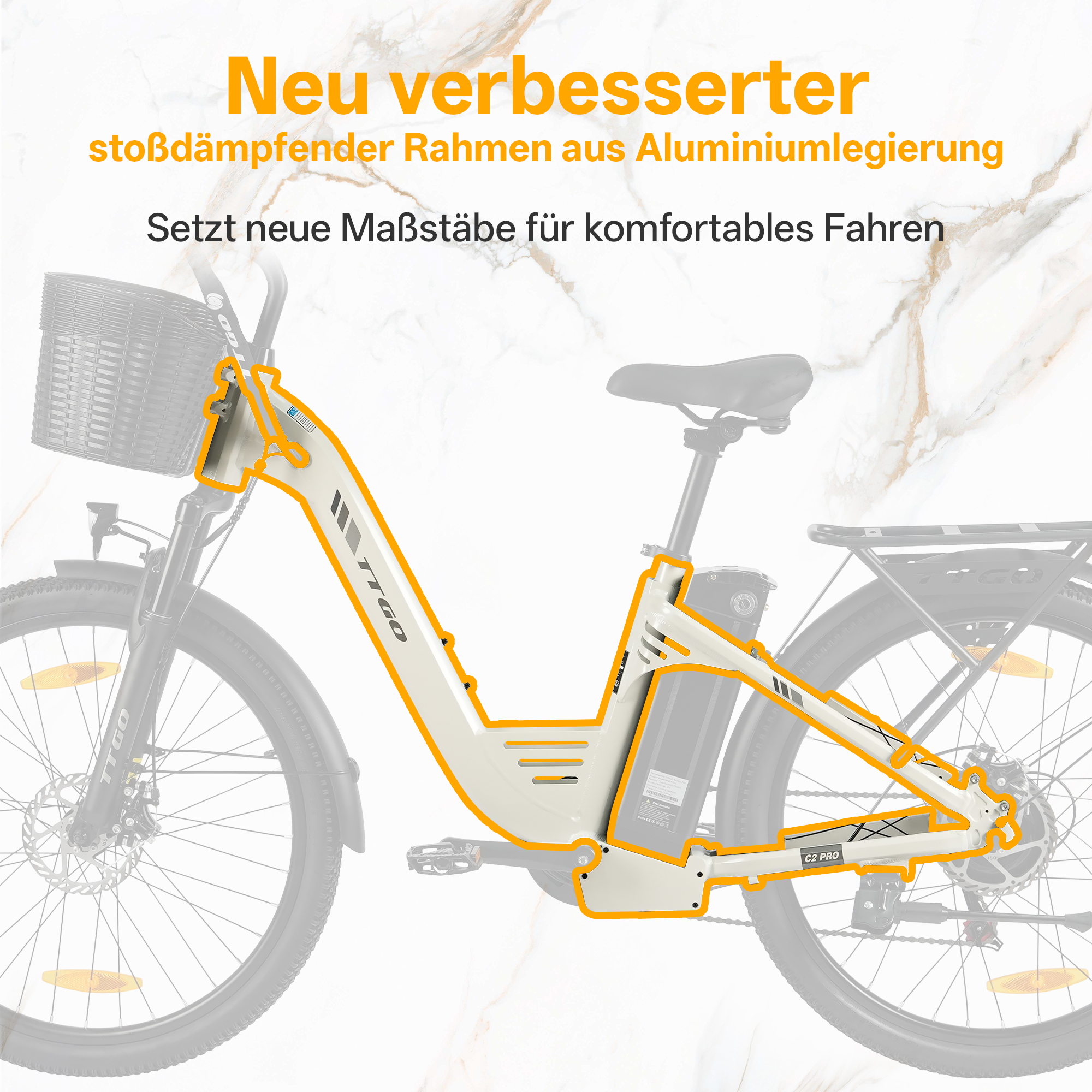Ein weißes E-Bike mit orangefarbener Umrandung, einem Korb und Text.