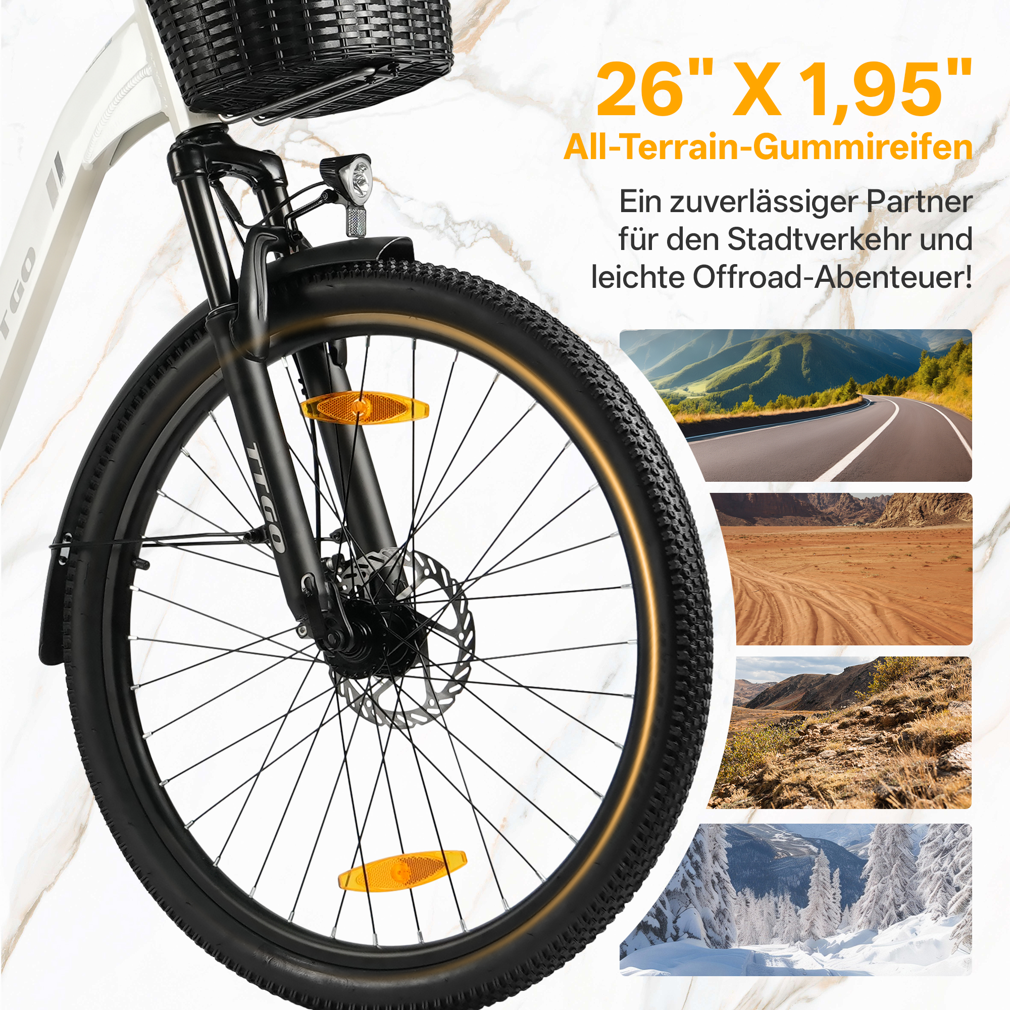 Ein weißes Fahrrad mit schwarzem Korb und Reifen, 26x1.95 Zoll.