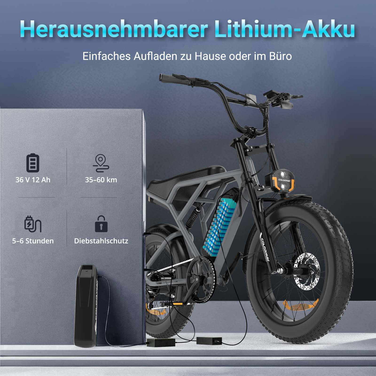 Graues E-Bike mit herausnehmbarem Akku, der lädt.