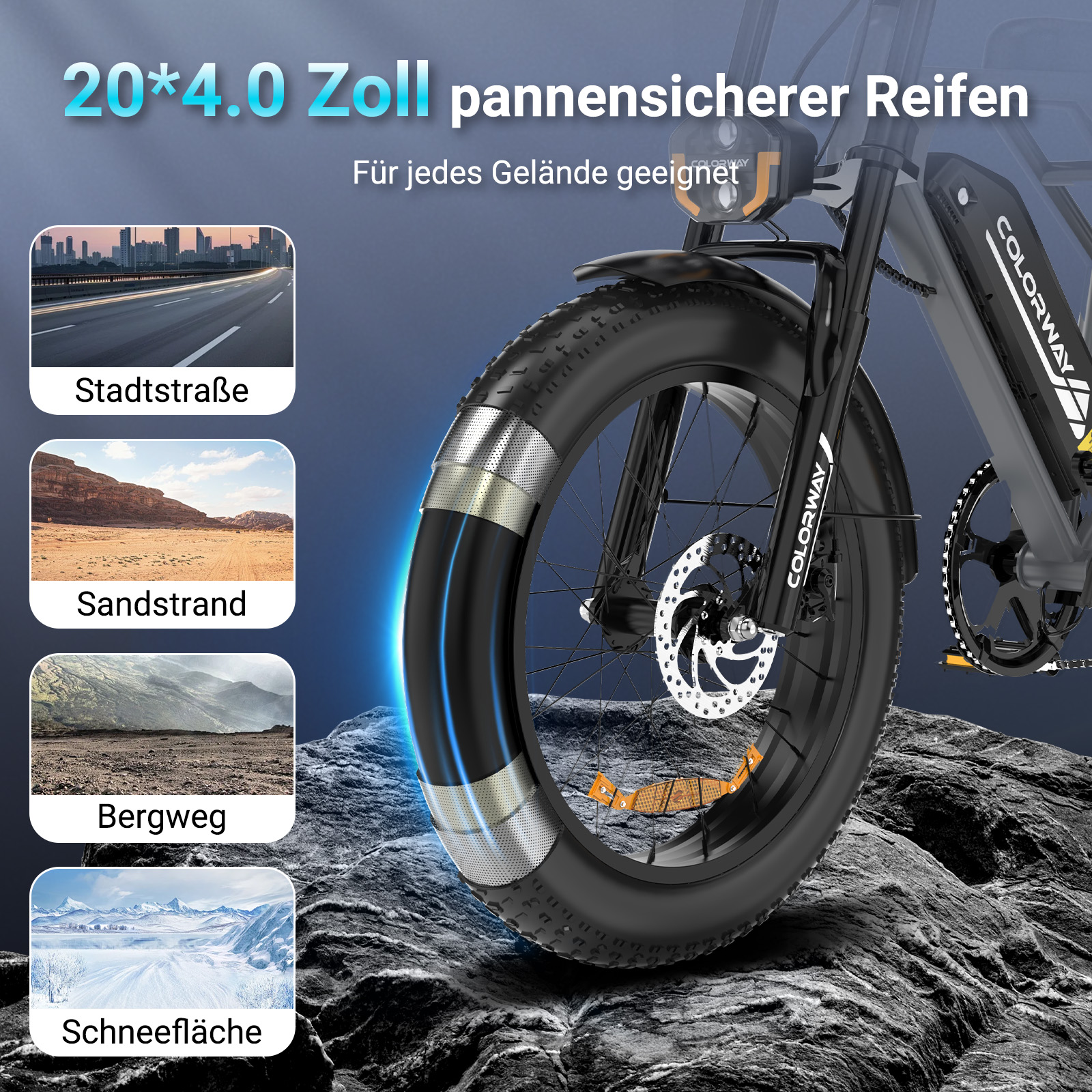 Detailansicht eines E-Bikes mit breitem Reifen, geeignet für Stadt, Sand, Berg und Schnee.