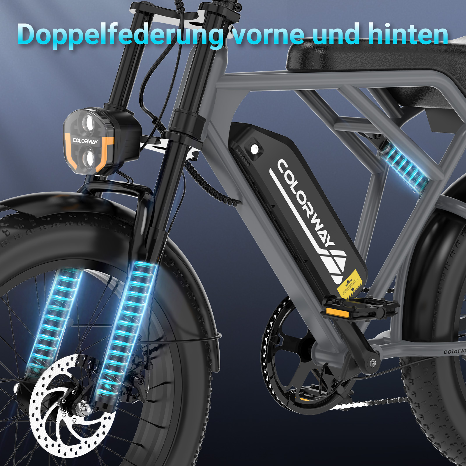 Graues Fahrrad mit Doppelfederung, Scheinwerfer und Akku.