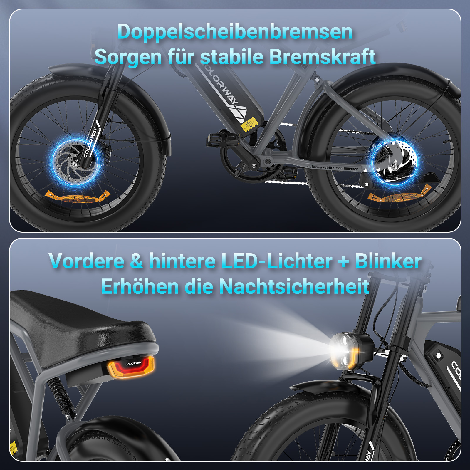 E-Bike mit Doppelscheibenbremsen und LED-Lichtern für Nachtsicherheit.