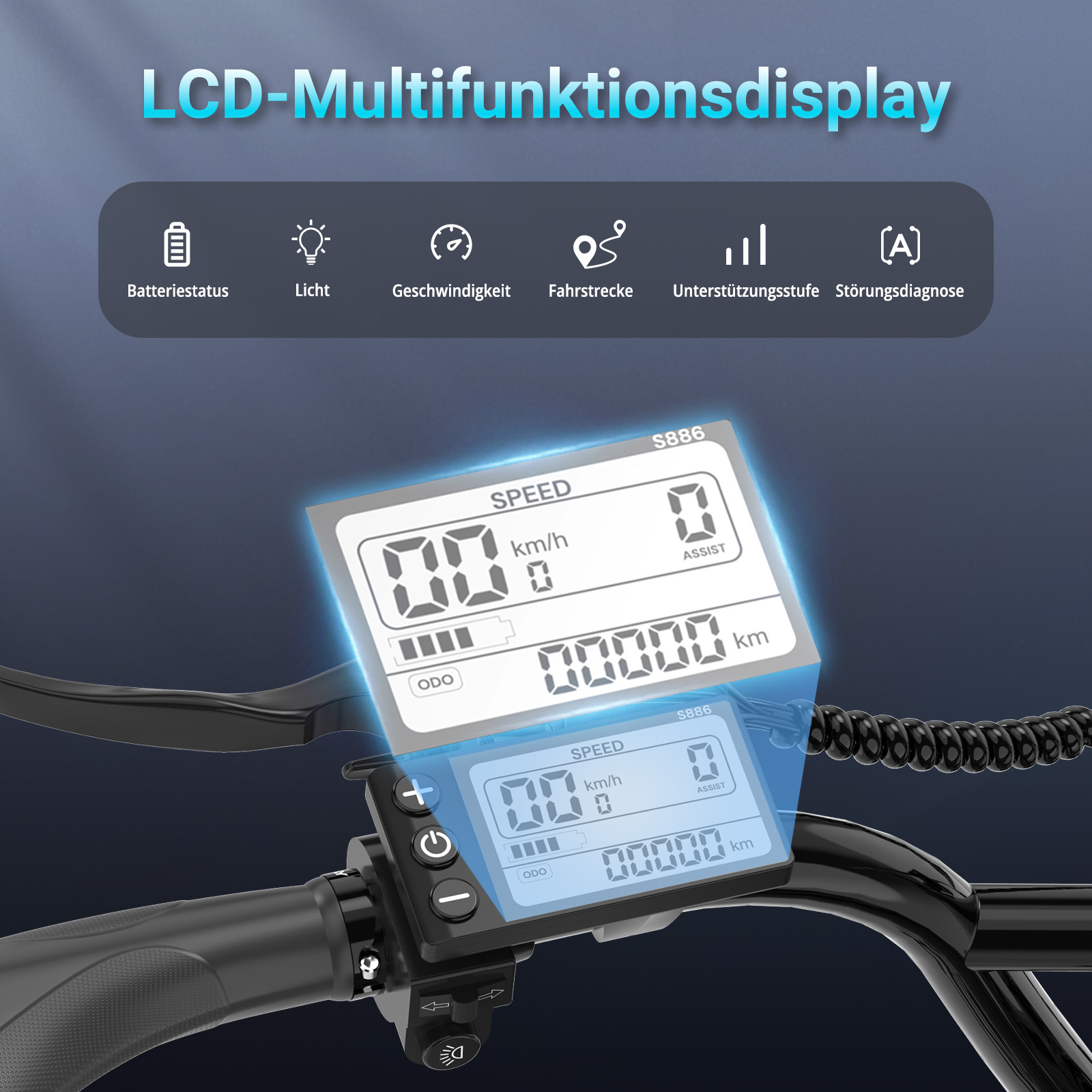 LCD-Display eines Fahrrads mit Symbolen für Batterie, Licht, Geschwindigkeit und mehr.