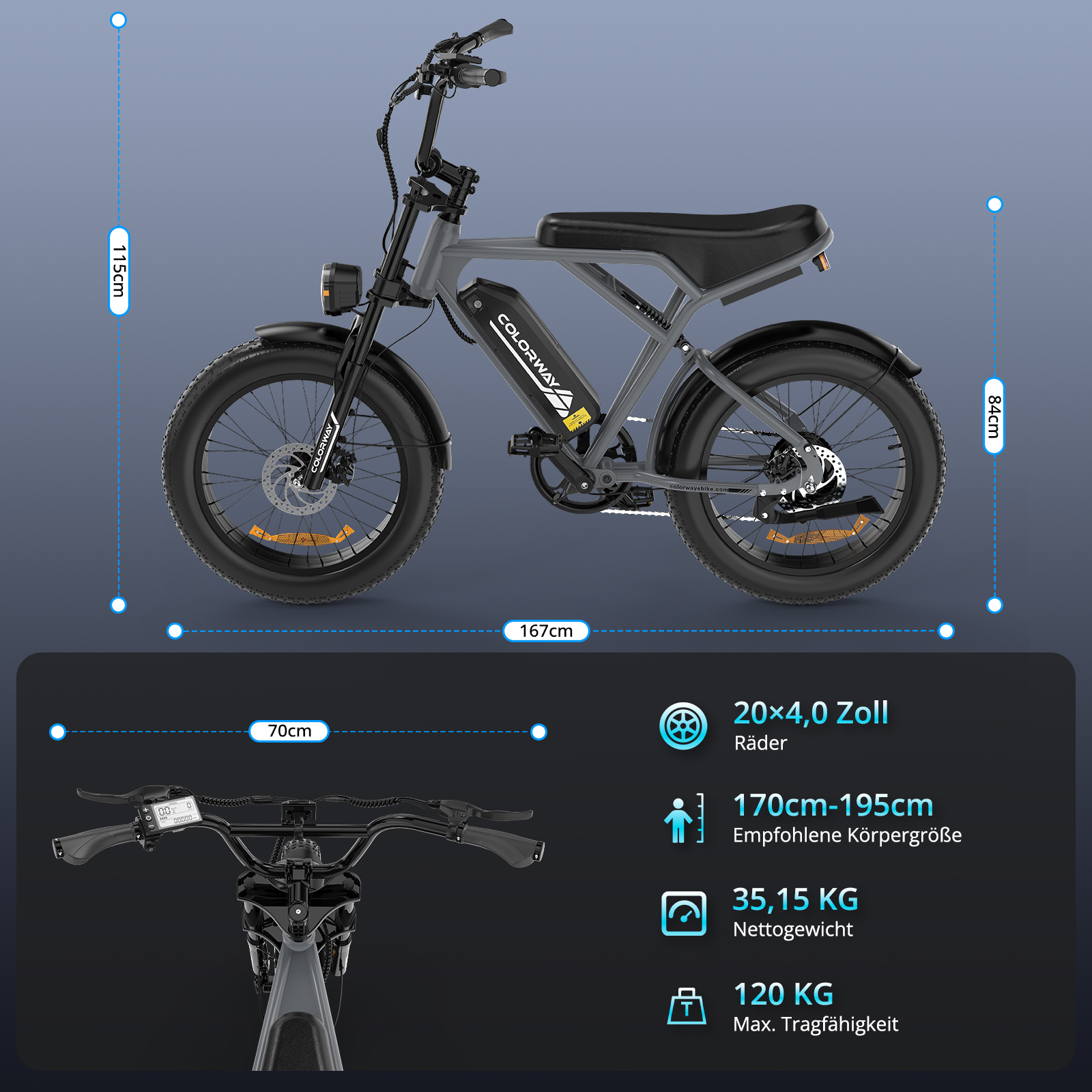 Graues Elektrofahrrad mit fetten Reifen, 167cm lang, 115cm hoch.