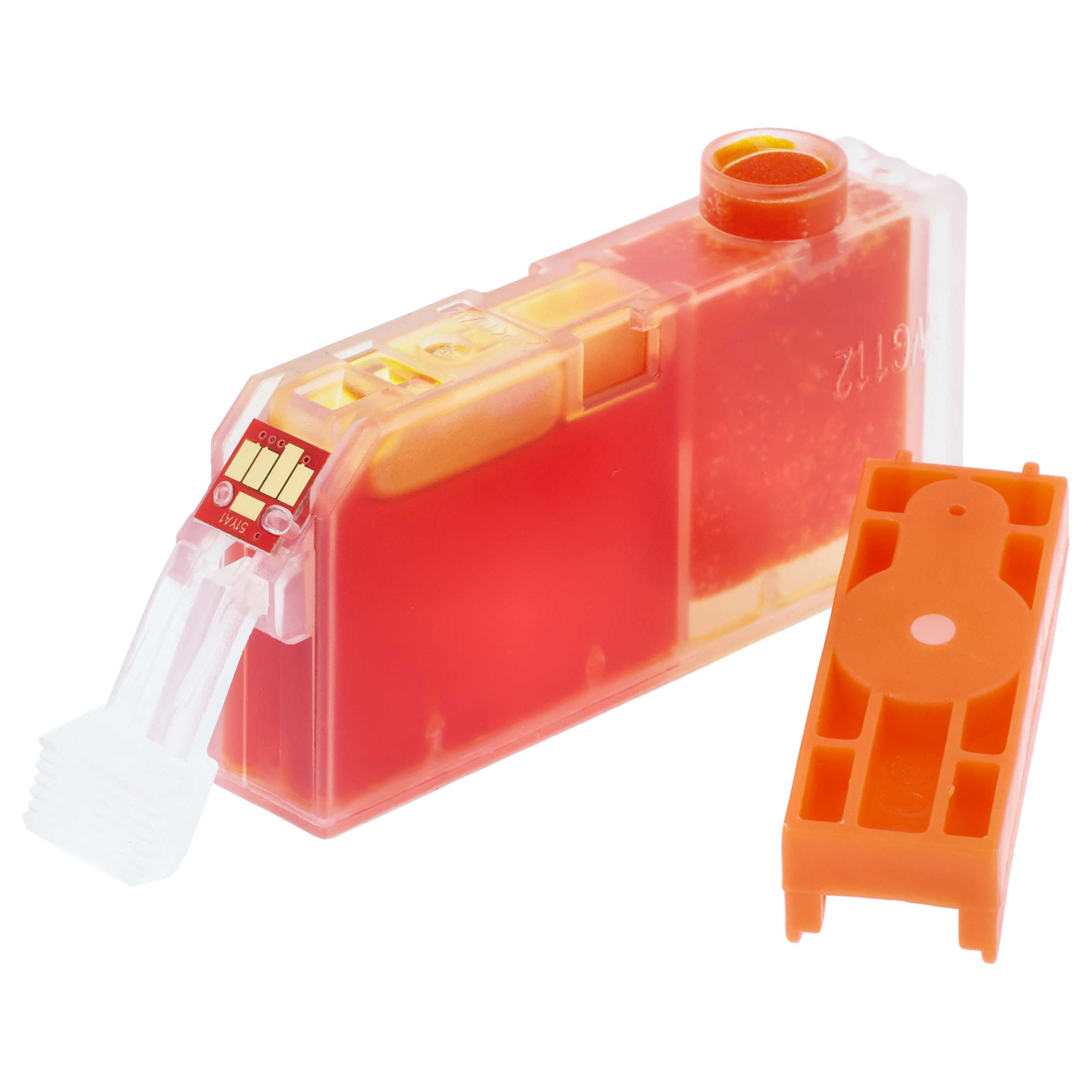 Ein durchsichtiger Tintenstrahltank mit roter Tinte und einem orangen Verschluss.