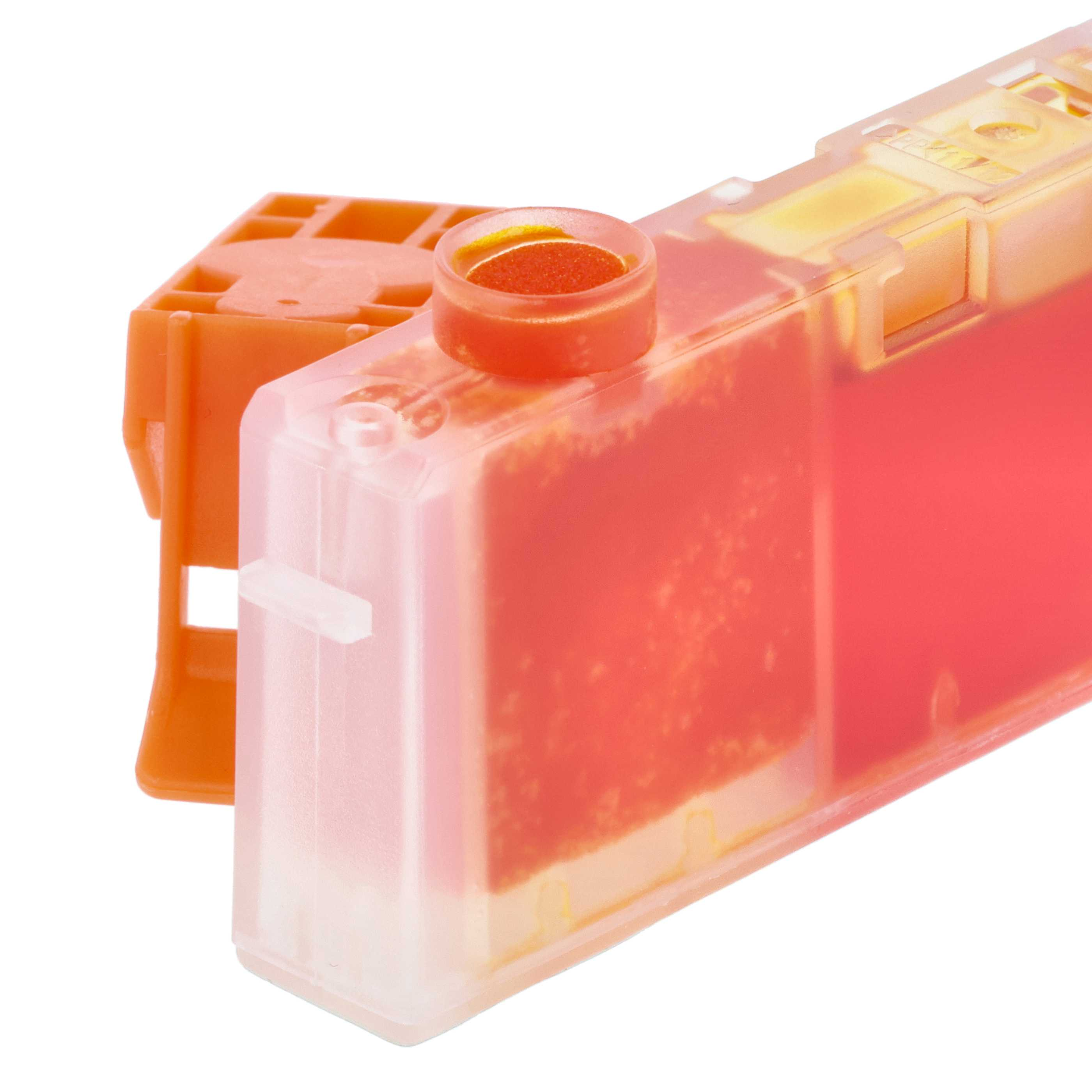 Ein orangefarbener Kunststoff-Tintenpatronenhalter mit transparenter Hülle und roter Tinte.
