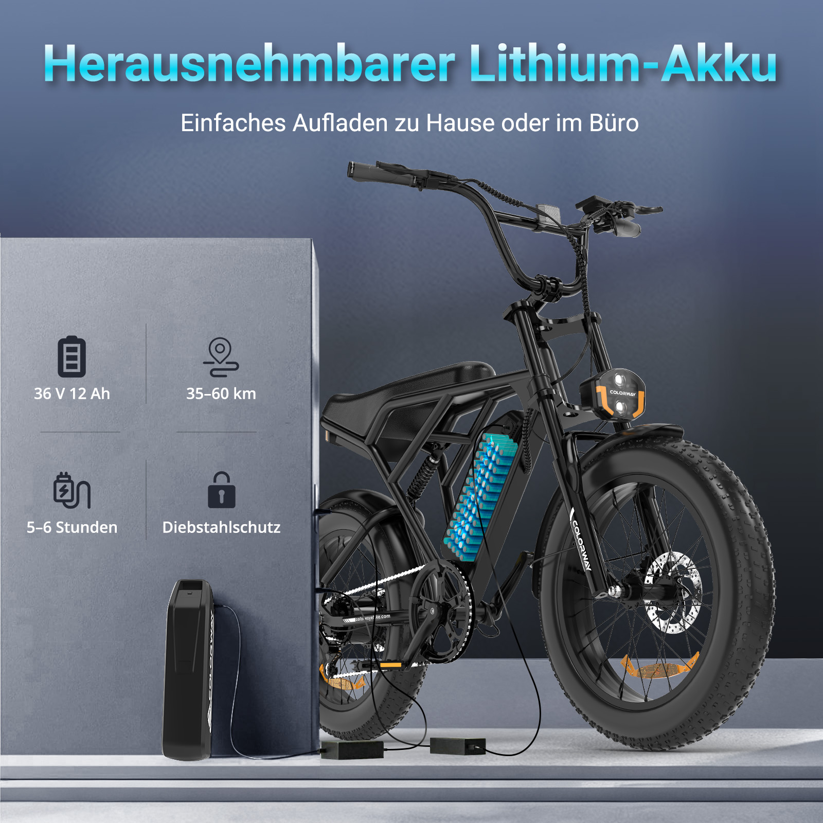 Schwarzes E-Bike mit herausnehmbarem Akku, 36V 12Ah, 35-60km Reichweite, 5-6h Ladezeit.