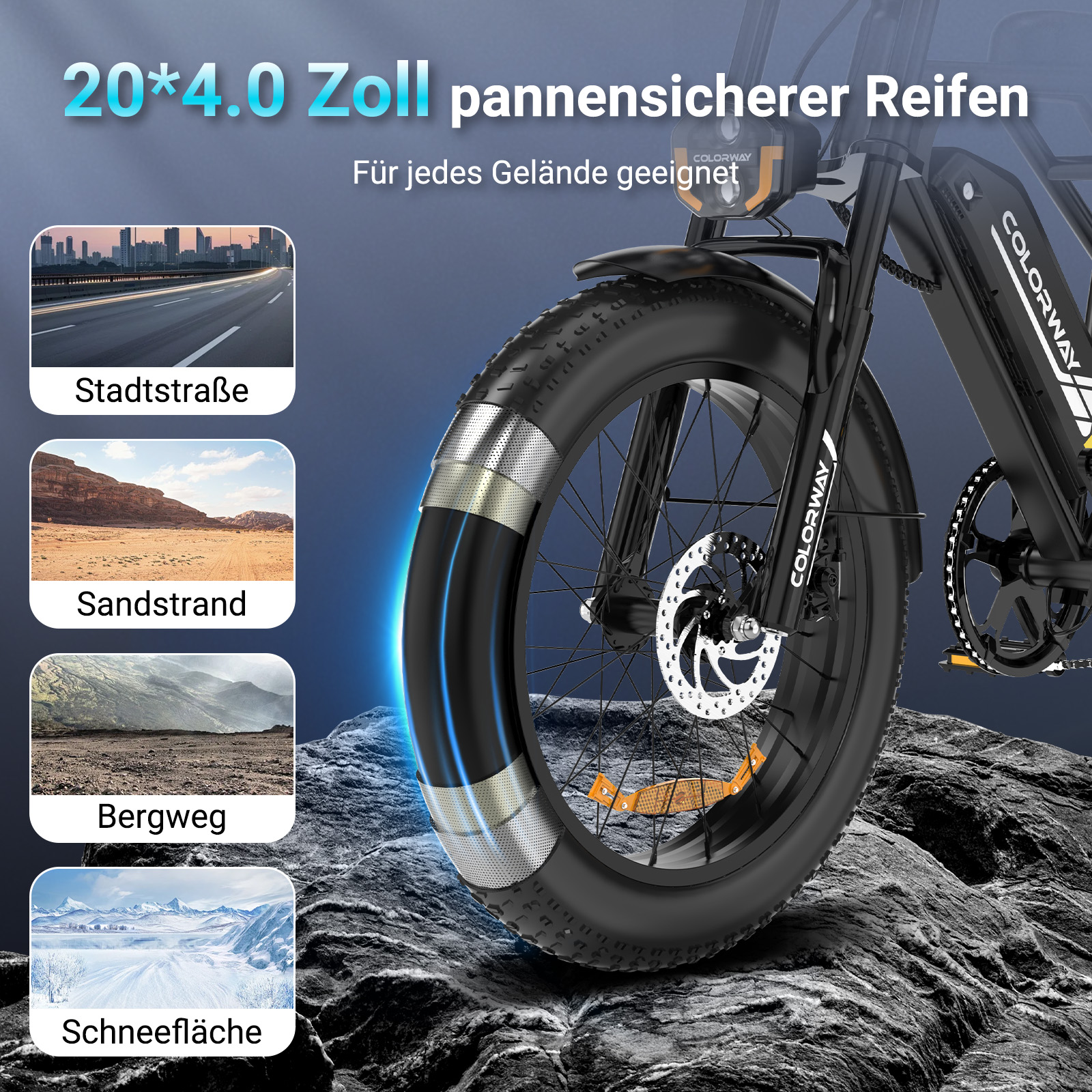 Fettreifen-E-Bike-Rad mit pannensicherem Reifen, geeignet für verschiedene Terrains.