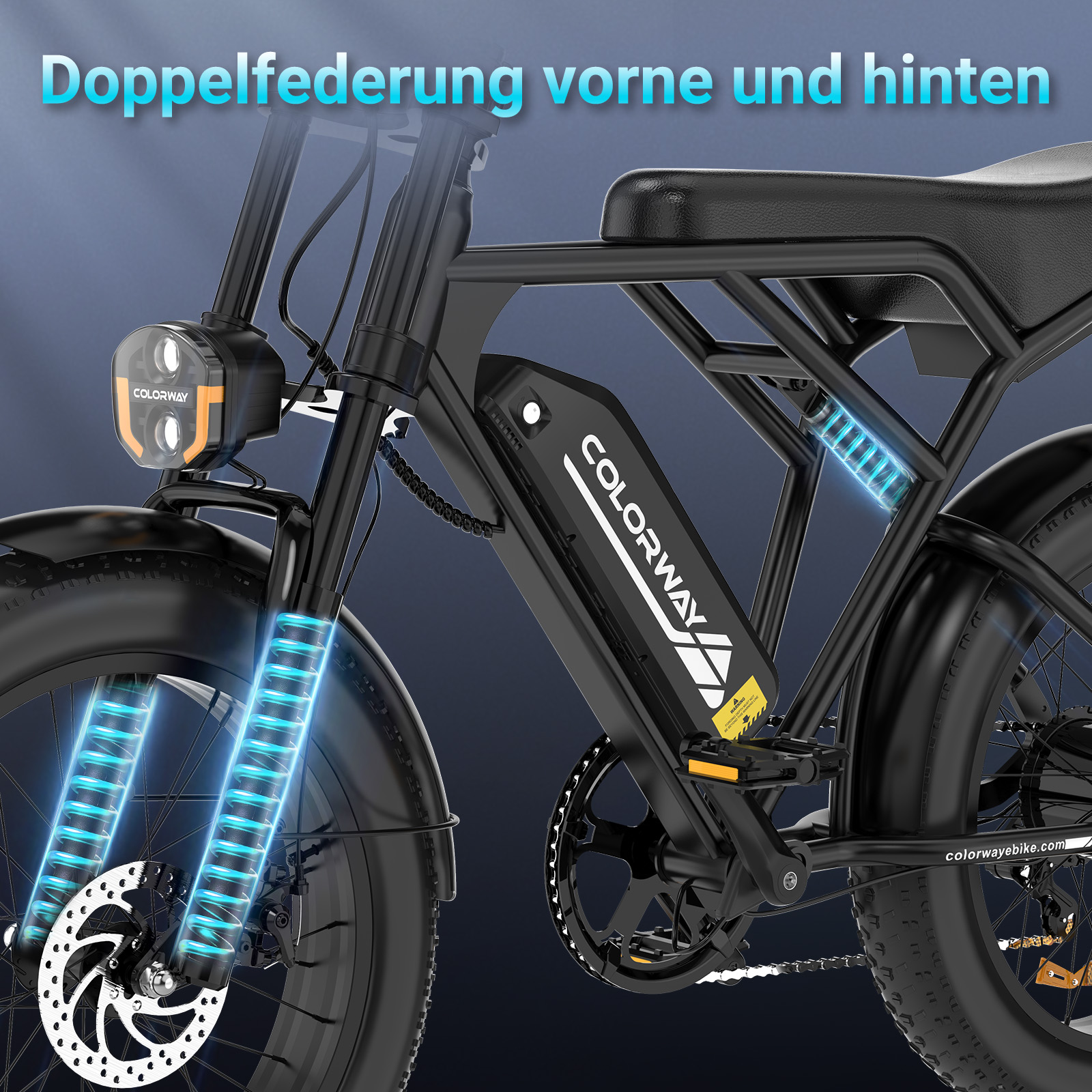 Schwarzes E-Bike mit Federung vorne und hinten, Akku und Scheinwerfer.