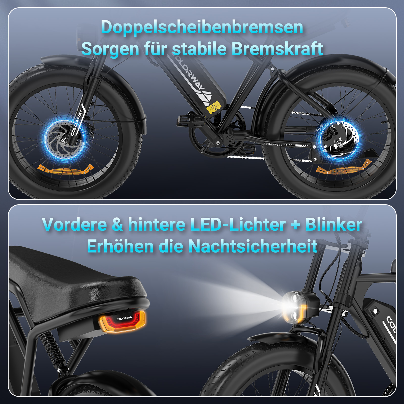 Schwarzes E-Bike mit Doppelscheibenbremsen und LED-Lichtern.
