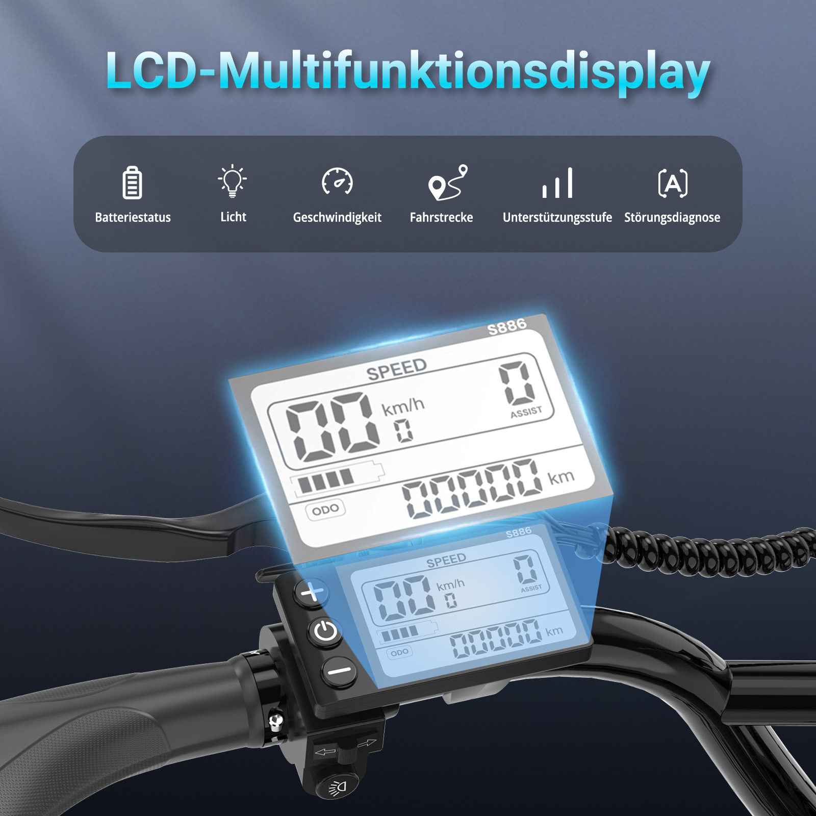 LCD-Display zeigt Geschwindigkeit, Batteriestatus und Fahrstrecke.