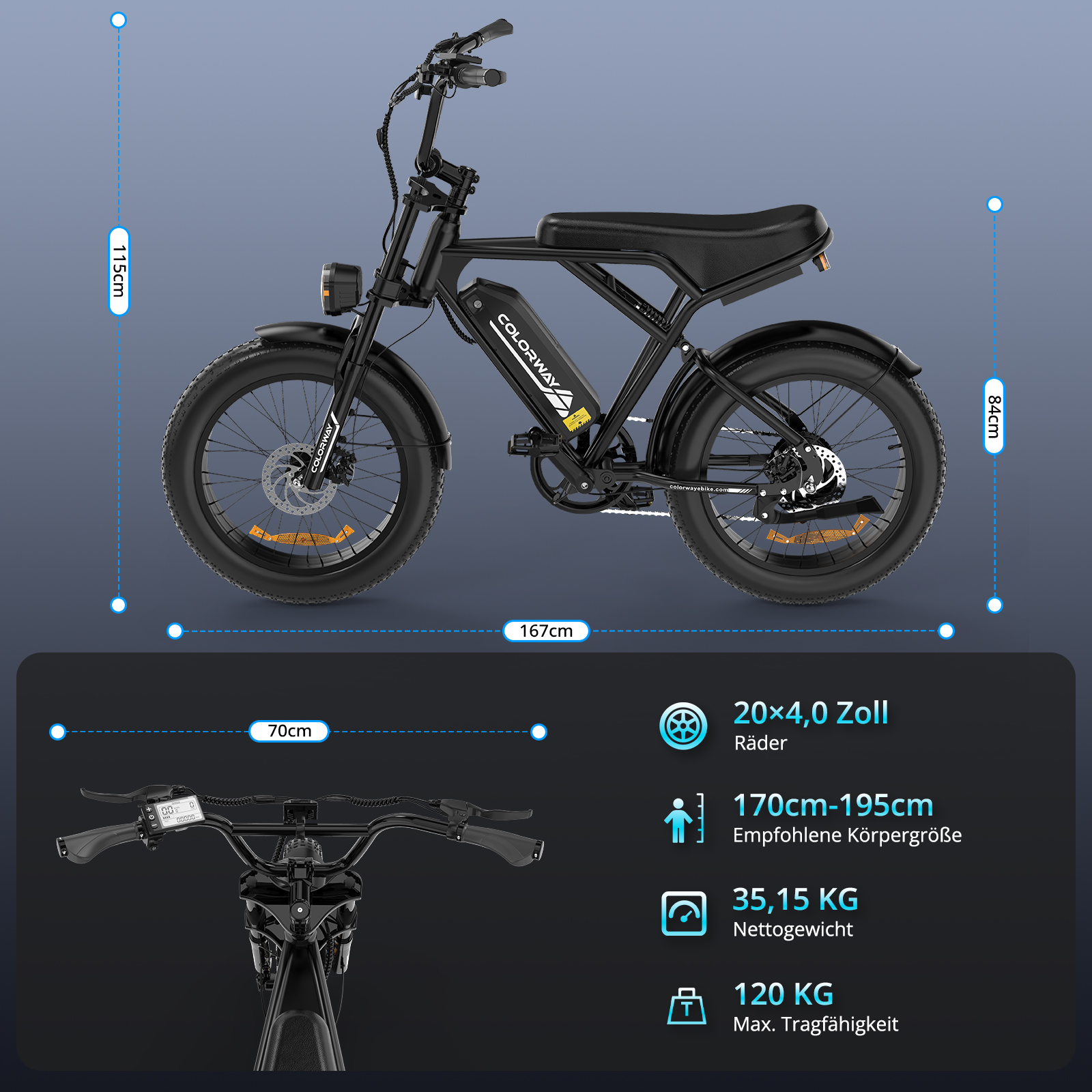 Schwarzes E-Bike mit fetten Reifen, Maße und Spezifikationen.