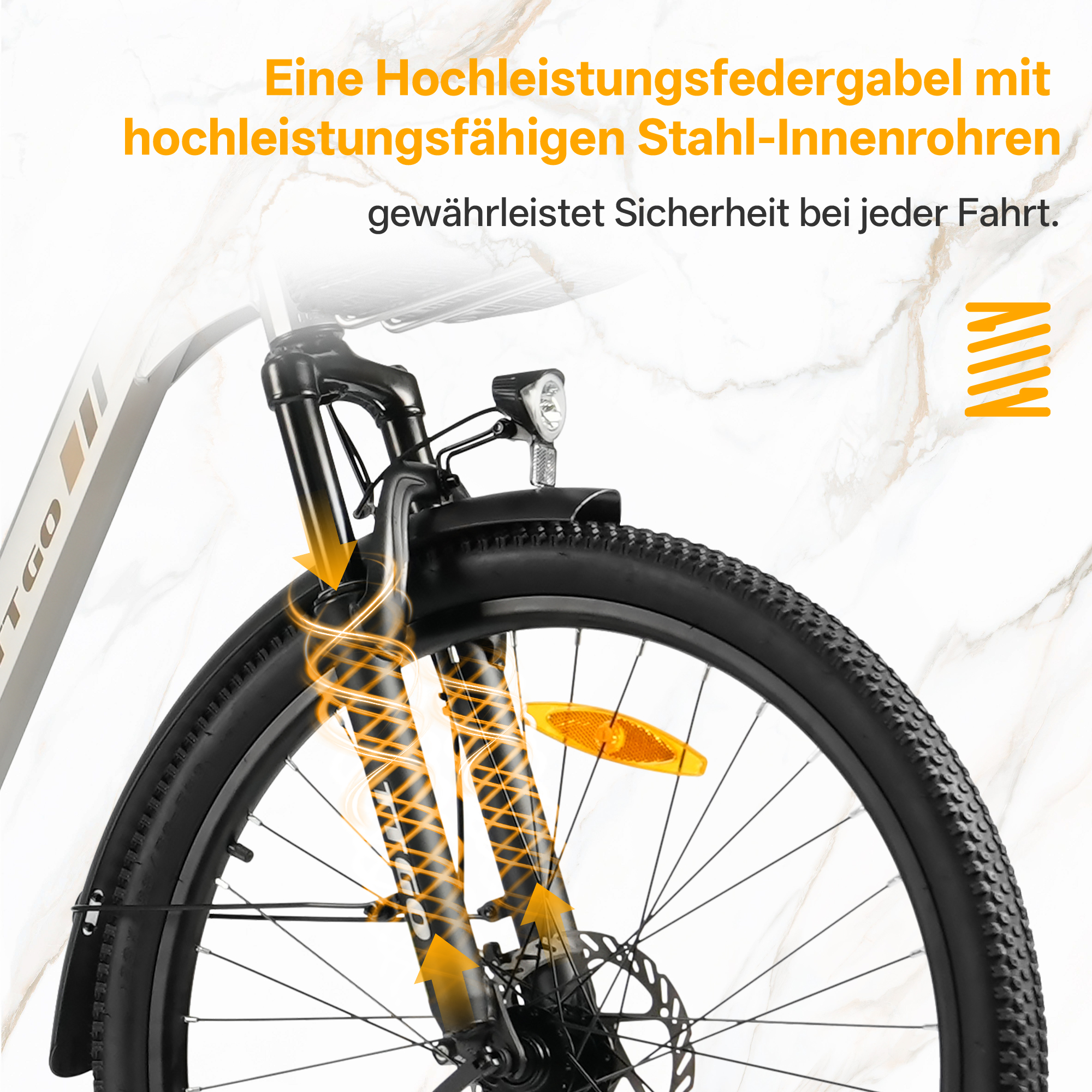 Fahrradgabel mit Federung, Scheinwerfer, Rad und Warnreflektor.