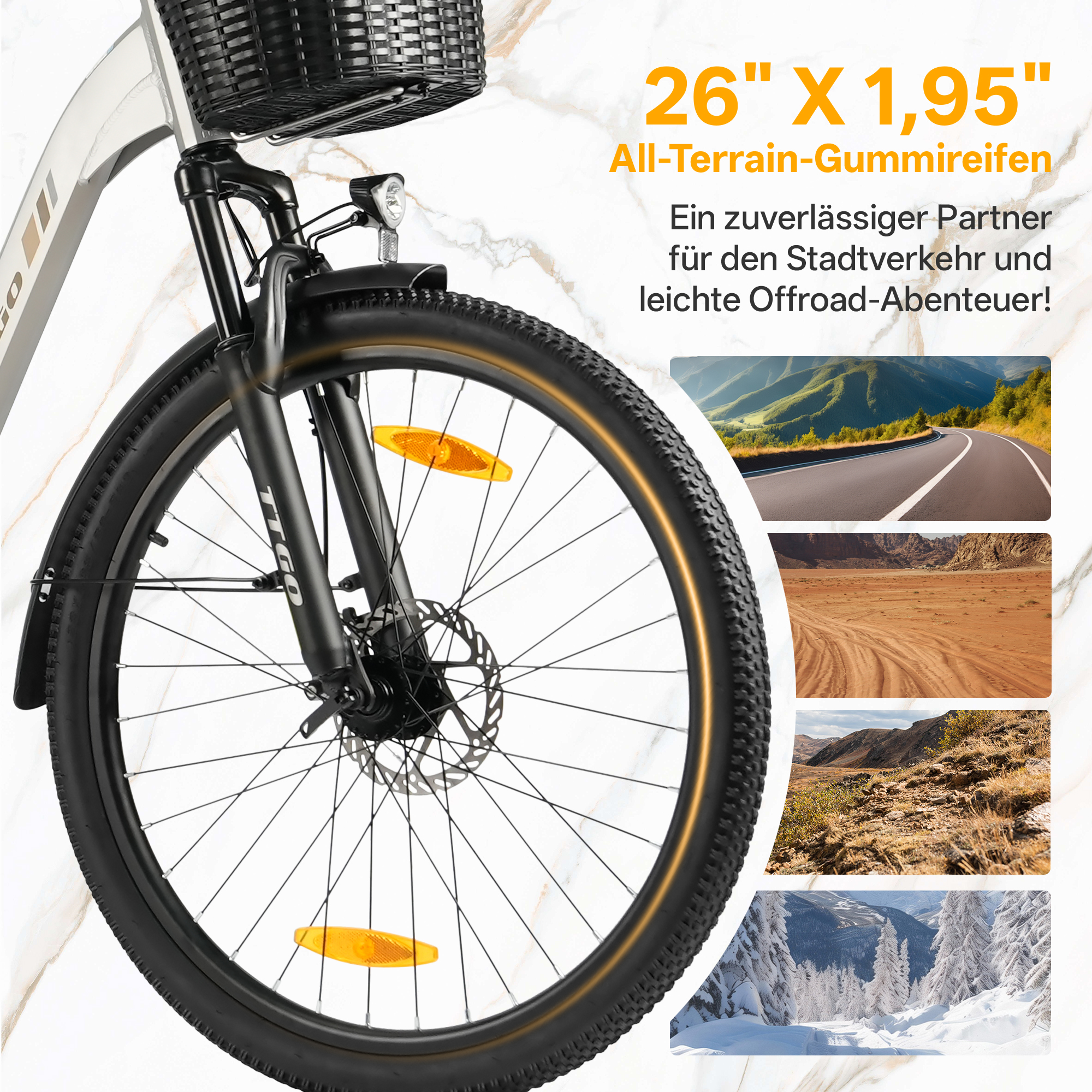 Ein Fahrradreifen mit Korb und Federgabel auf Marmoruntergrund.