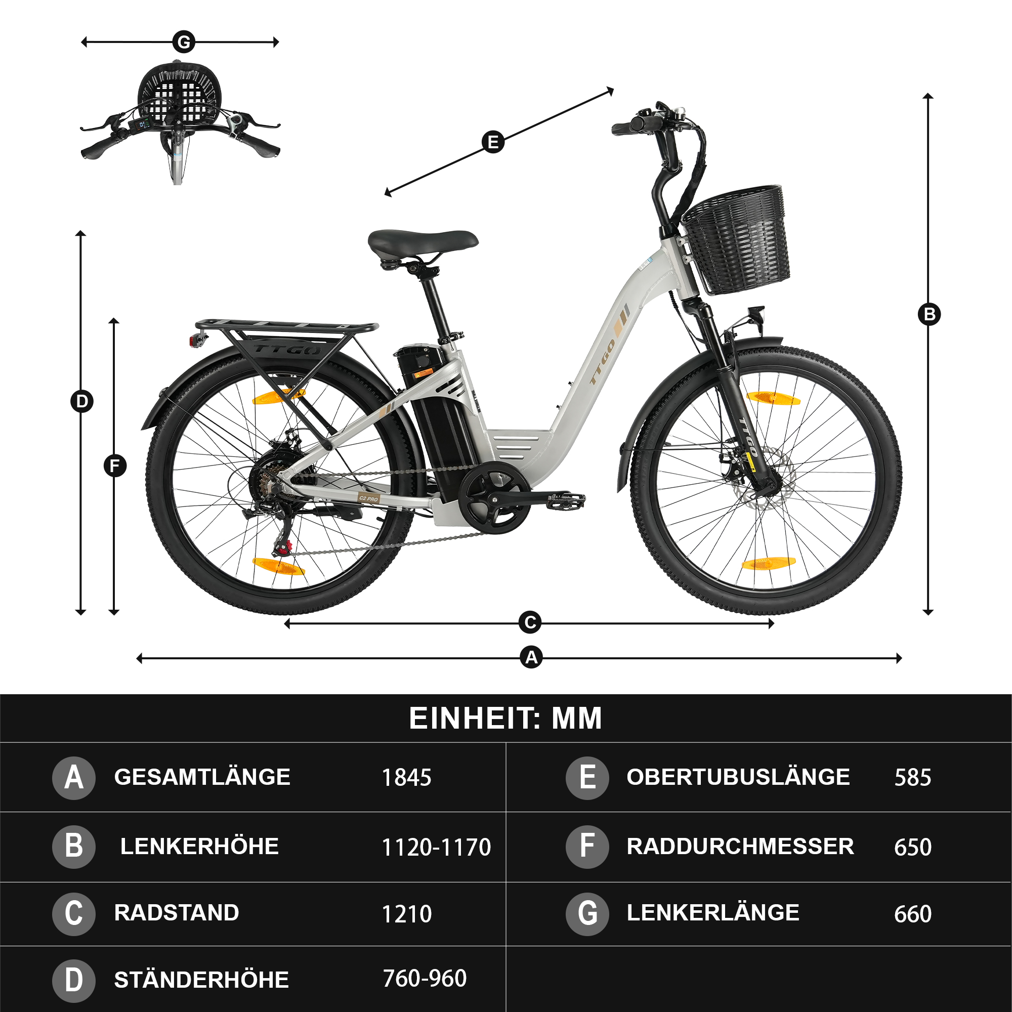 Ein weißes E-Bike mit Maßen und Beschriftungen. Maße sind in mm angegeben.