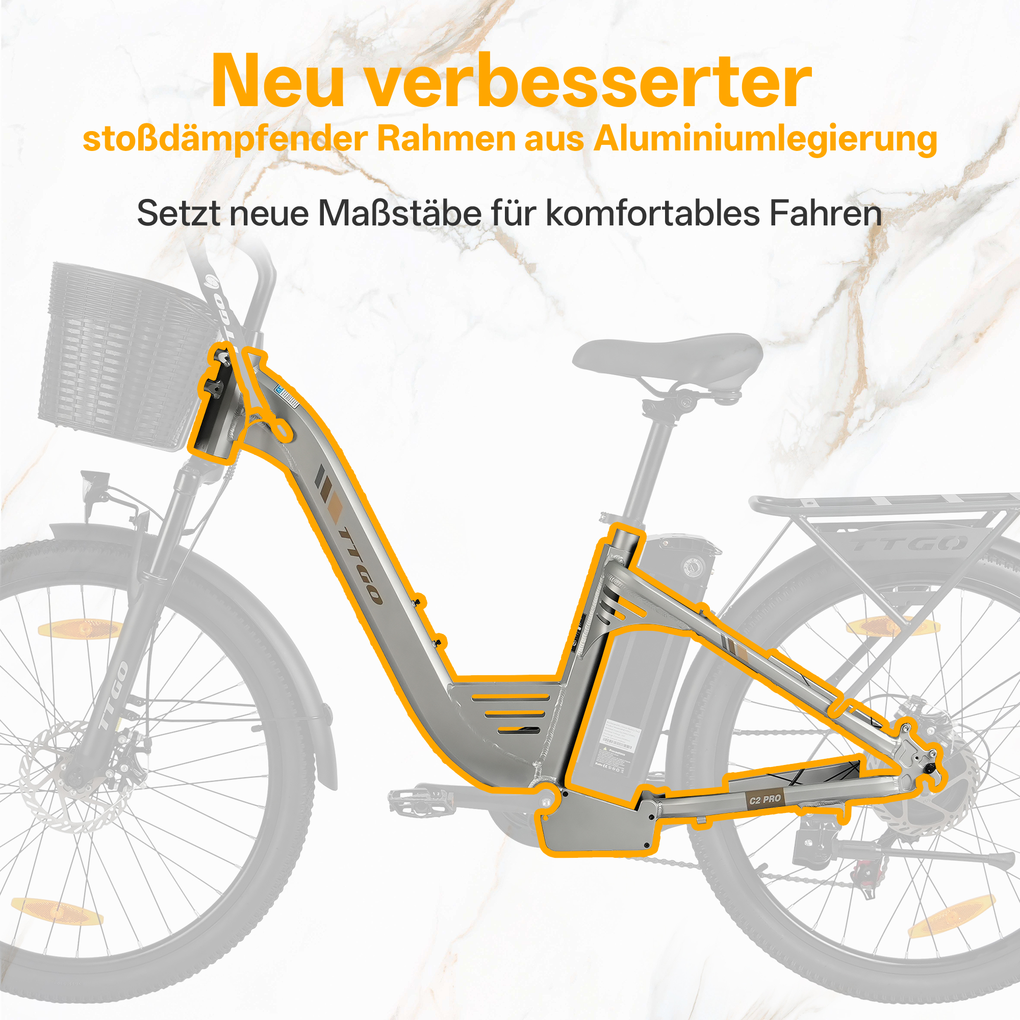 Verbesserter Aluminiumrahmen mit Stoßdämpfung, orange hervorgehoben.