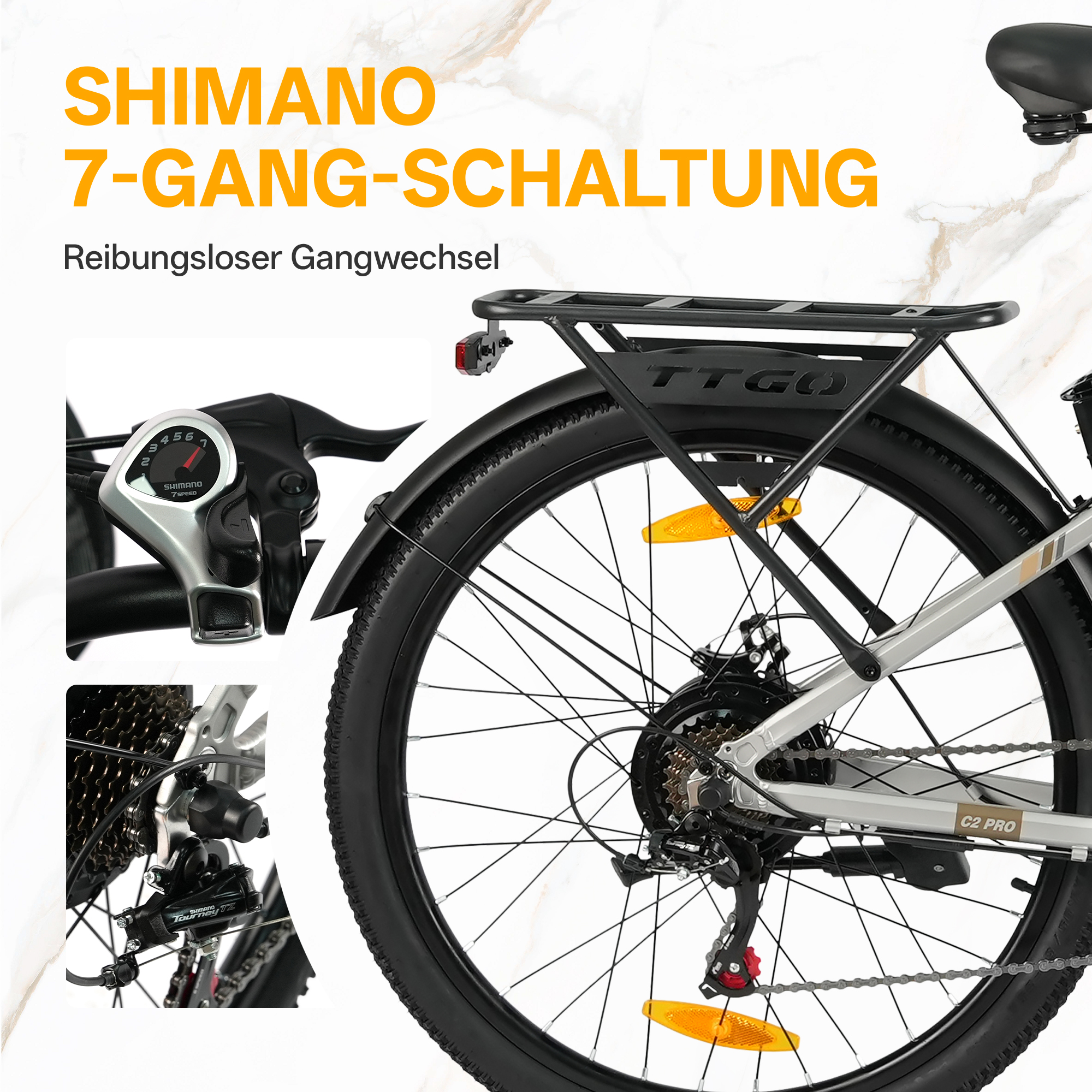 Nahaufnahme der Shimano 7-Gang-Schaltung mit Gangwahlanzeige und Kette.
