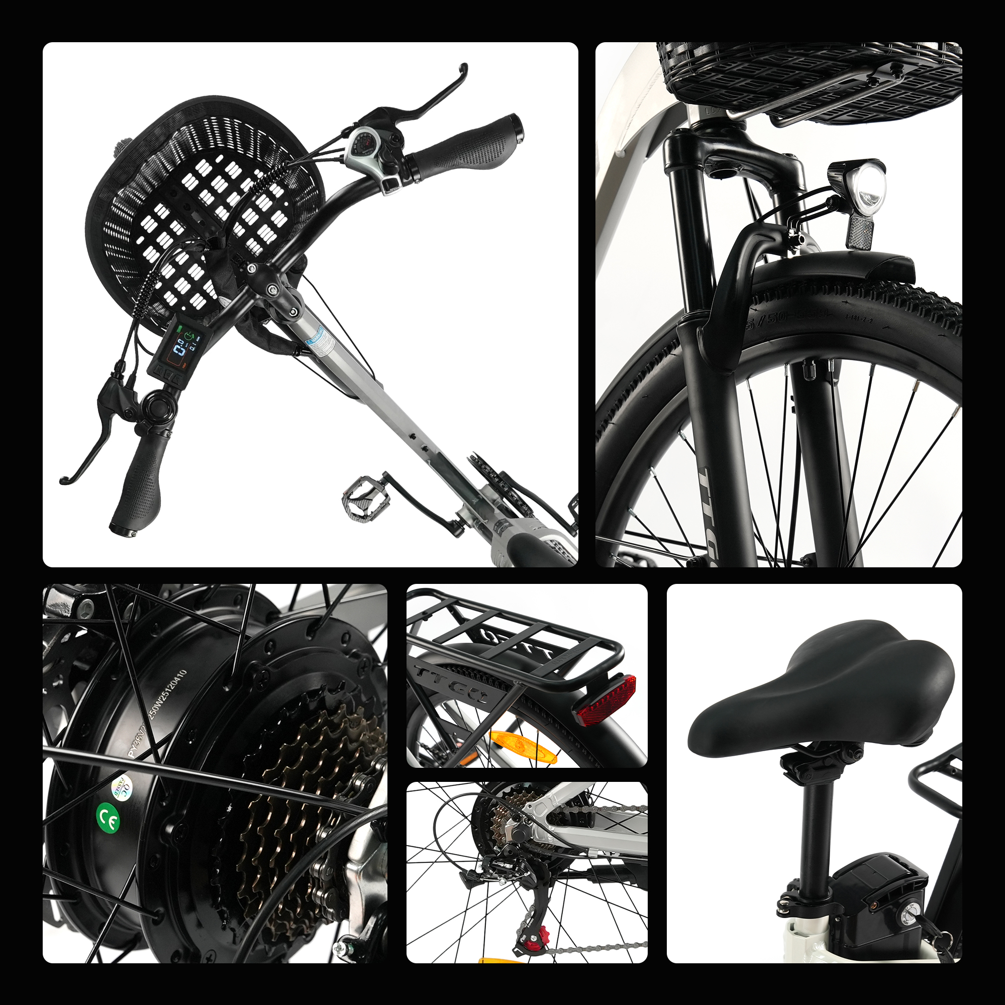Detailansichten eines E-Bikes: Lenker, Vorderrad, Motor, Gepäckträger und Sattel.