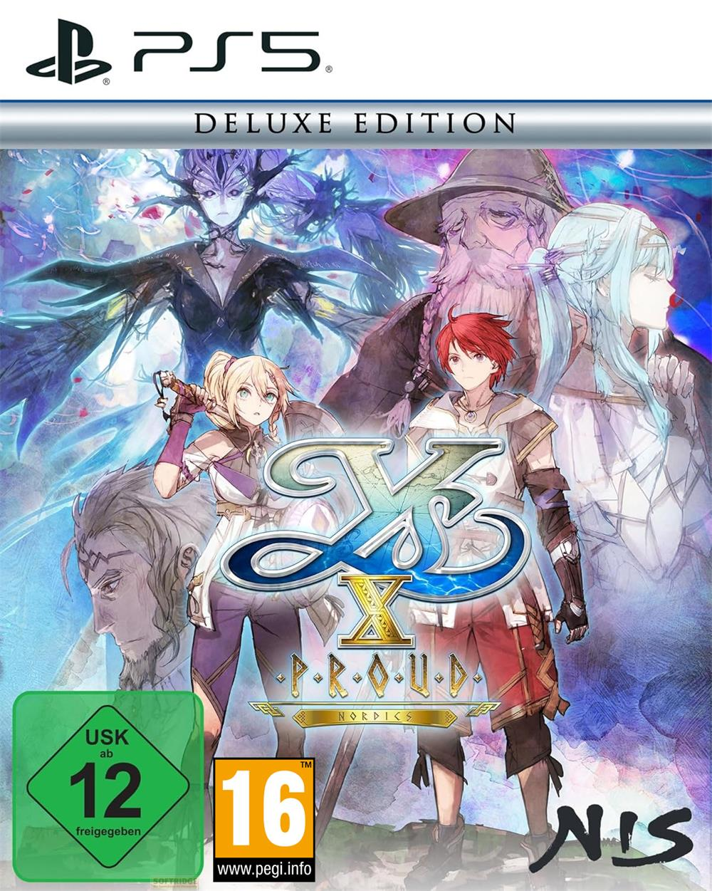Edizione Deluxe PS5: Personaggi con capelli rossi, barba, capelli blu, guerriera. Logo "Ys X: Nordics".