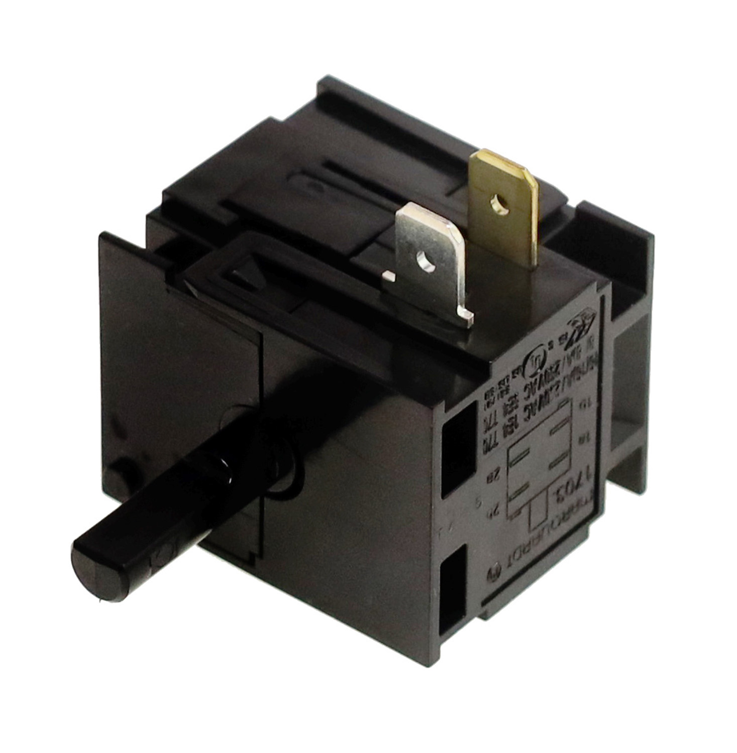 Schwarzer elektrischer Schalter mit Metallkontakten und einem Stift.