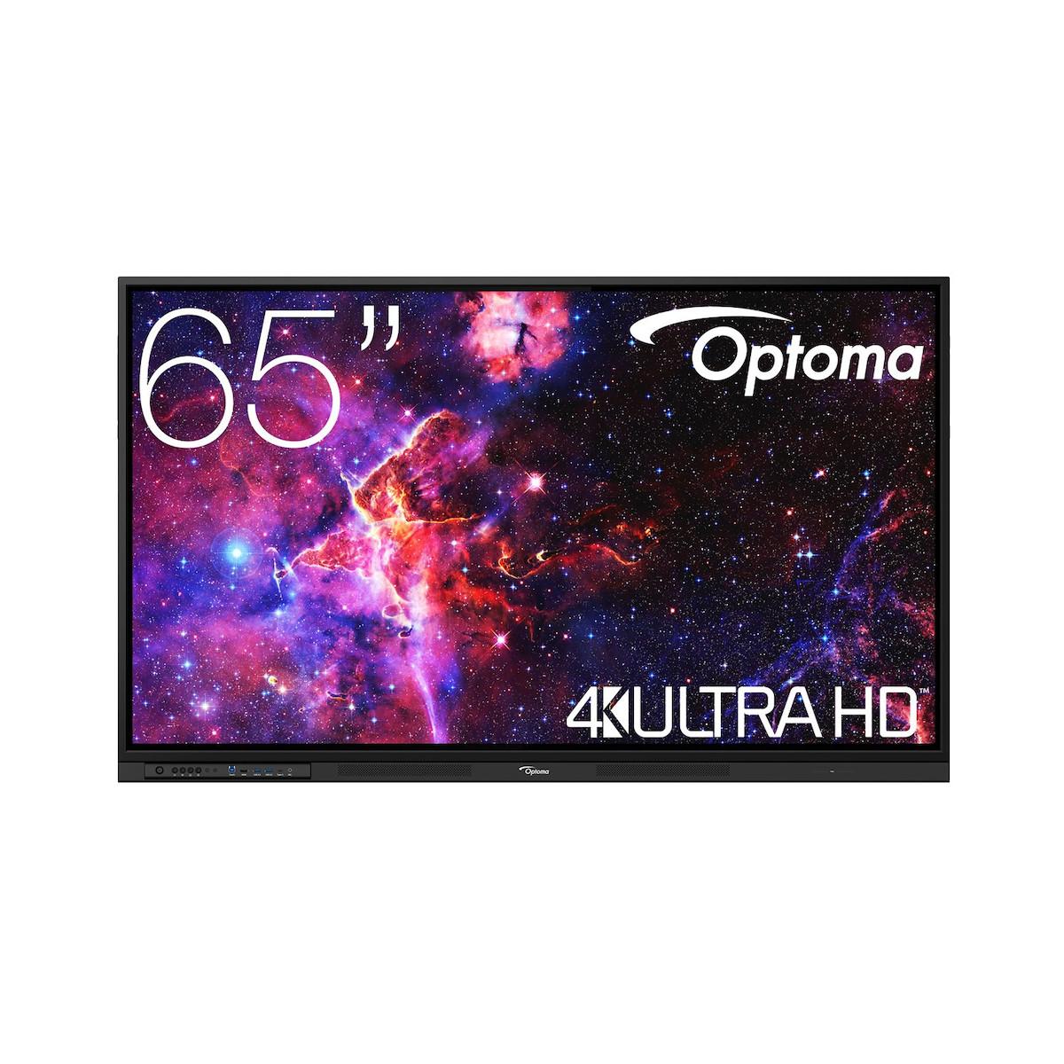 Ein 65-Zoll-Optoma 4K ULTRA HD Display mit einem kosmischen Nebel als Hintergrund.