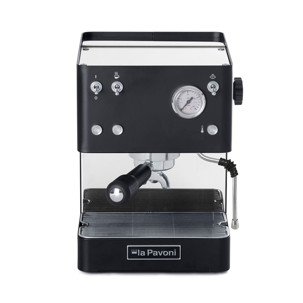 Eine schwarze La Pavoni Espressomaschine mit Chromdetails und Manometer.