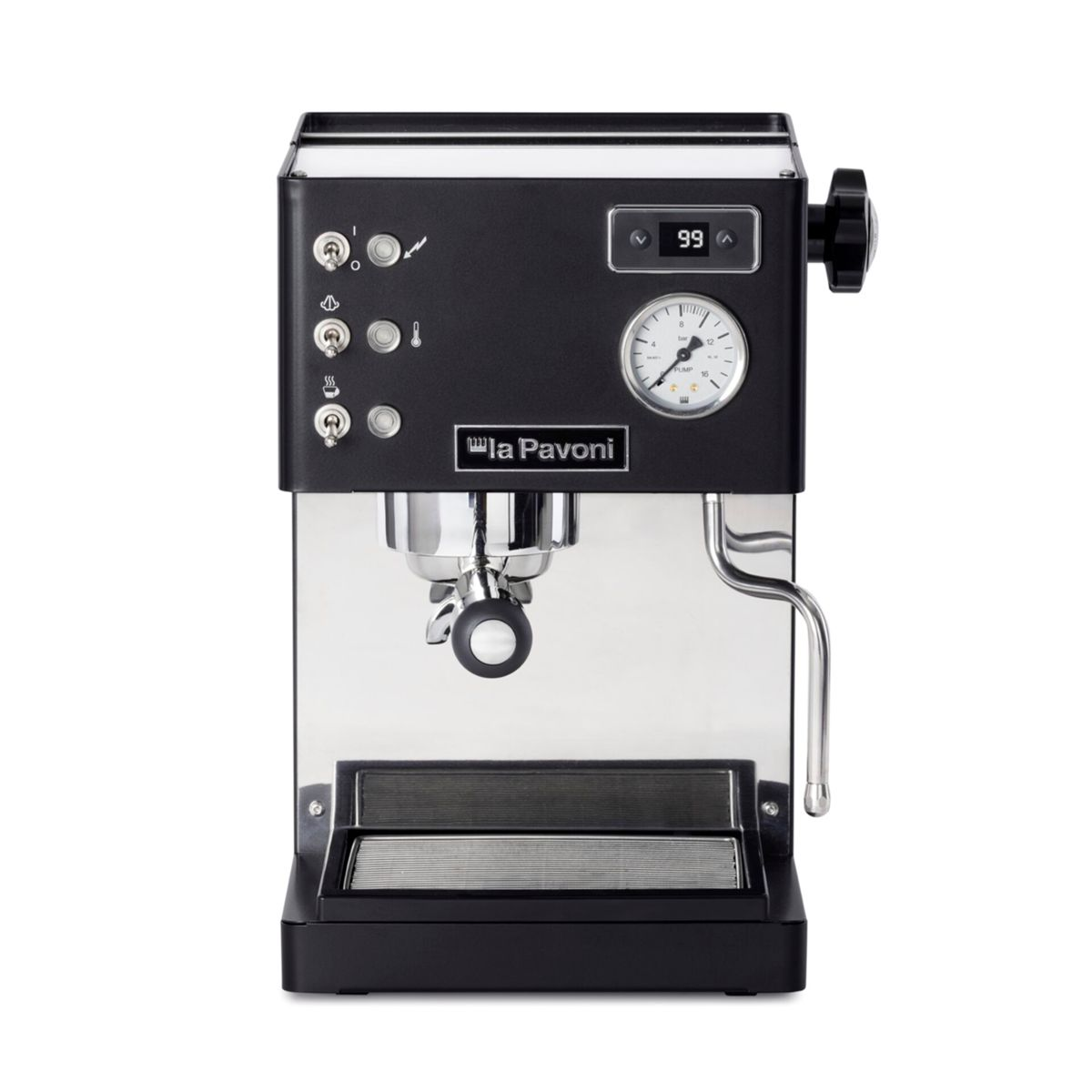 Eine schwarze Espressomaschine mit Chromdetails, Manometer und Siebträger.