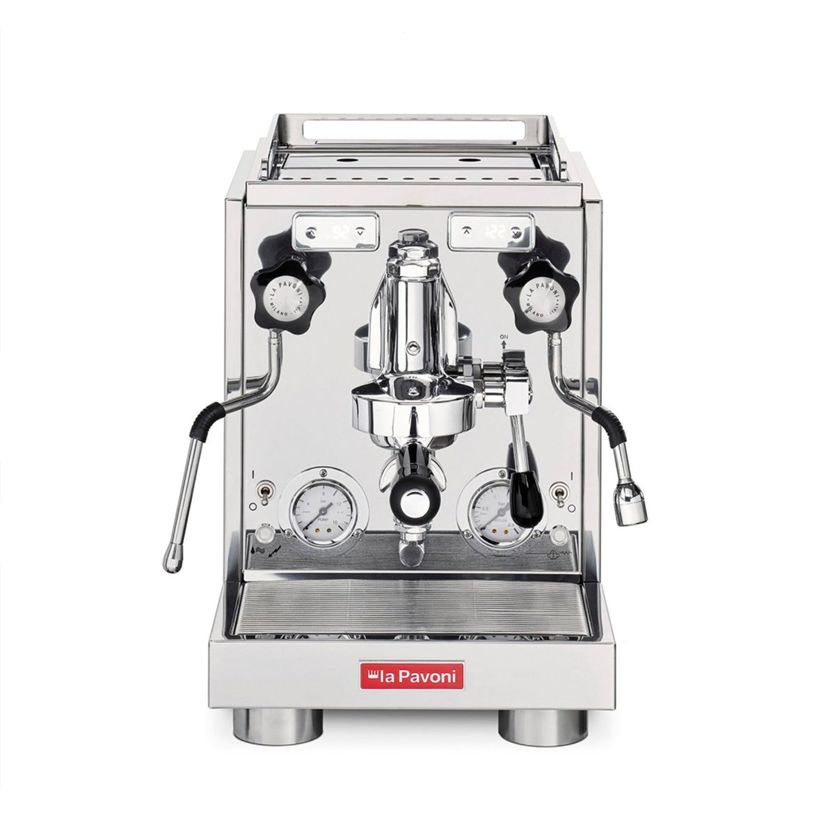 Polierte Chrom-Espressomaschine mit zwei Manometern und Dampflanze.