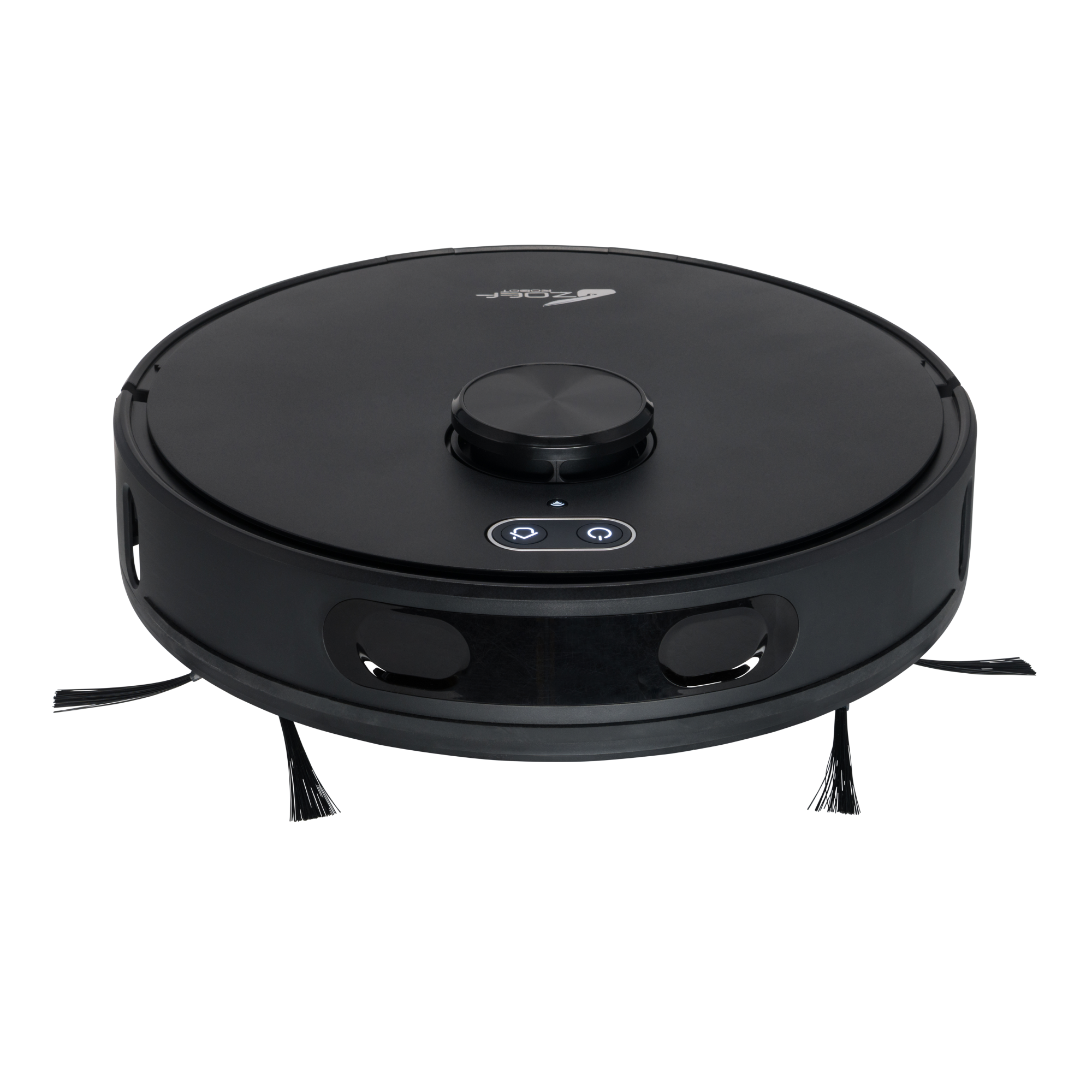 A black robot vacuum cleaner with a charging indicator light and brushes.