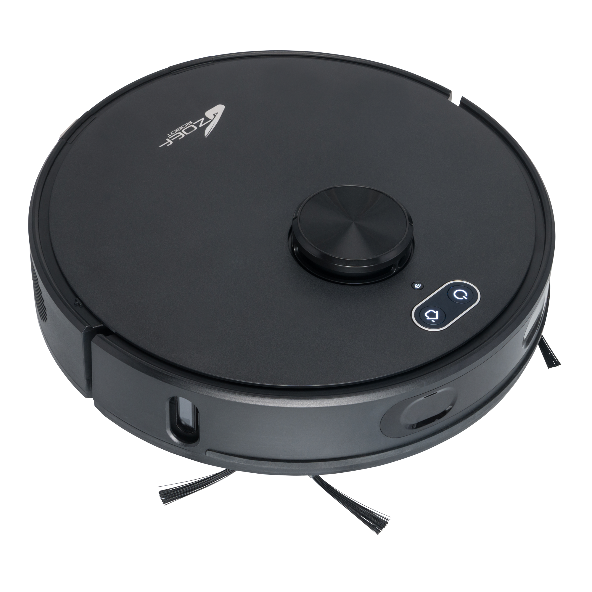 A black robot vacuum with two side brushes and a top button, on a black background.