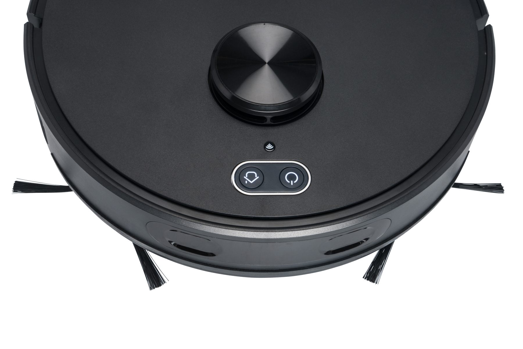 A gray robot vacuum cleaner with brushes and control buttons on a black background.