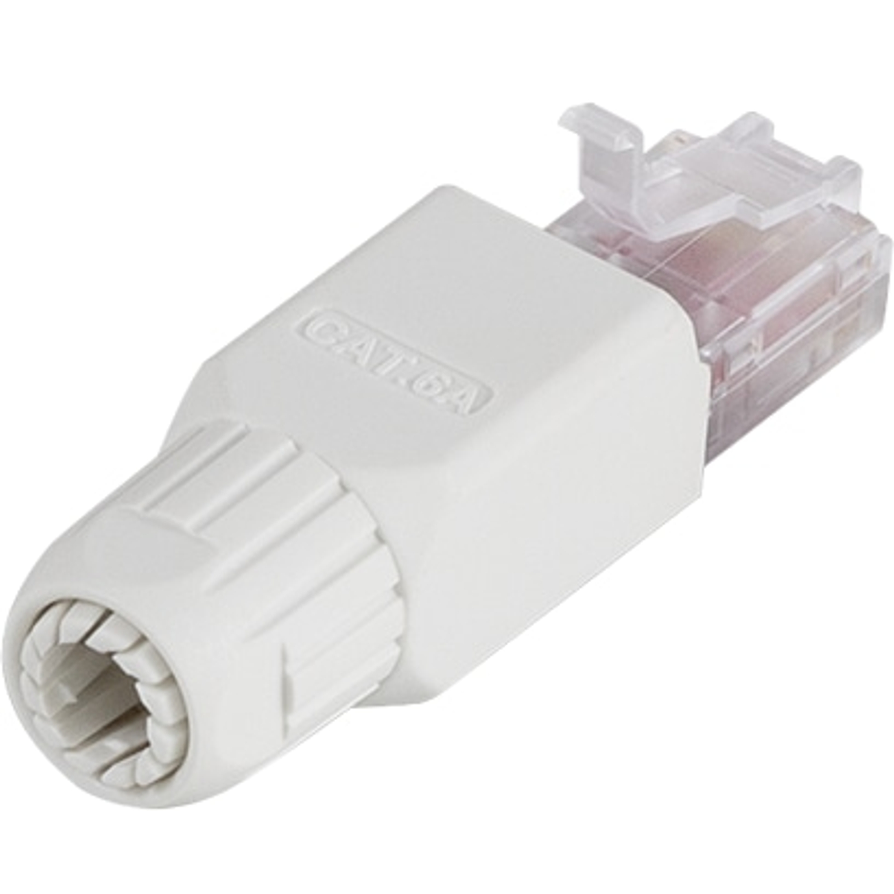 Ein weißer CAT 6a Netzwerkstecker mit transparentem Gehäuse.