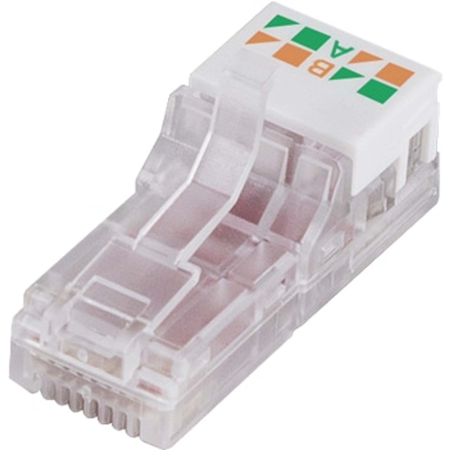 Transparenter Netzwerkstecker mit weißem Aufsatz und farbigen Markierungen.