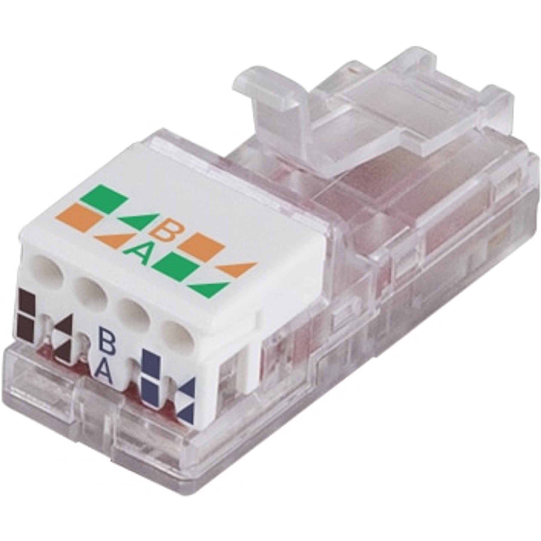 Ein transparenter RJ45-Steckverbinder mit weißen Markierungen und farbigen Dreiecken.