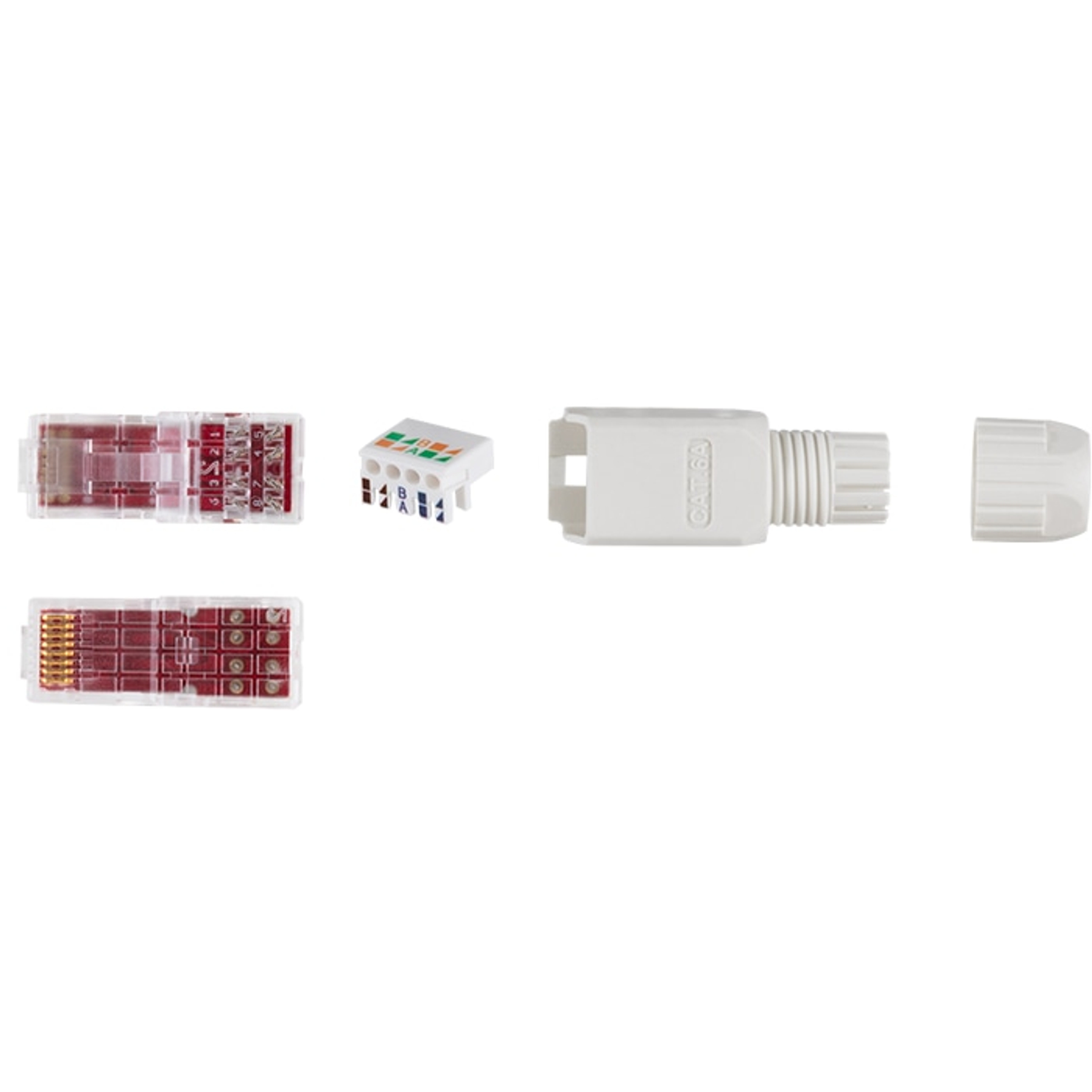 Netzwerksteckerteile: zwei transparente Stecker, ein weißer Anschlussblock, ein weißer Kabelschirm.