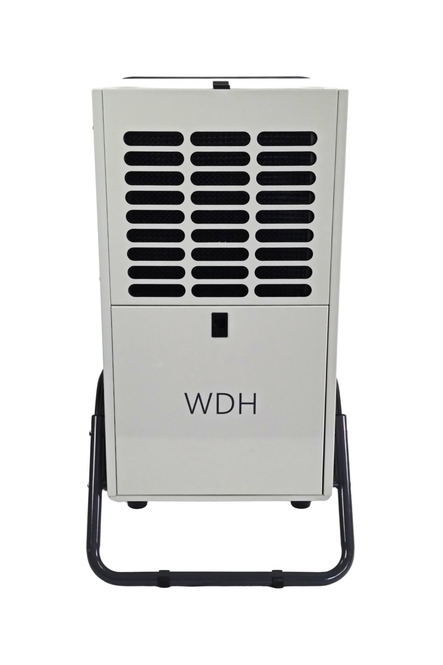 Ein weißer Luftentfeuchter mit Lüftungsschlitzen und dem Logo WDH.