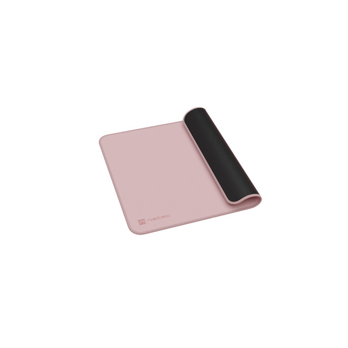 Eine rosafarbene Mousepad mit schwarzem Gummiboden, leicht aufgerollt.