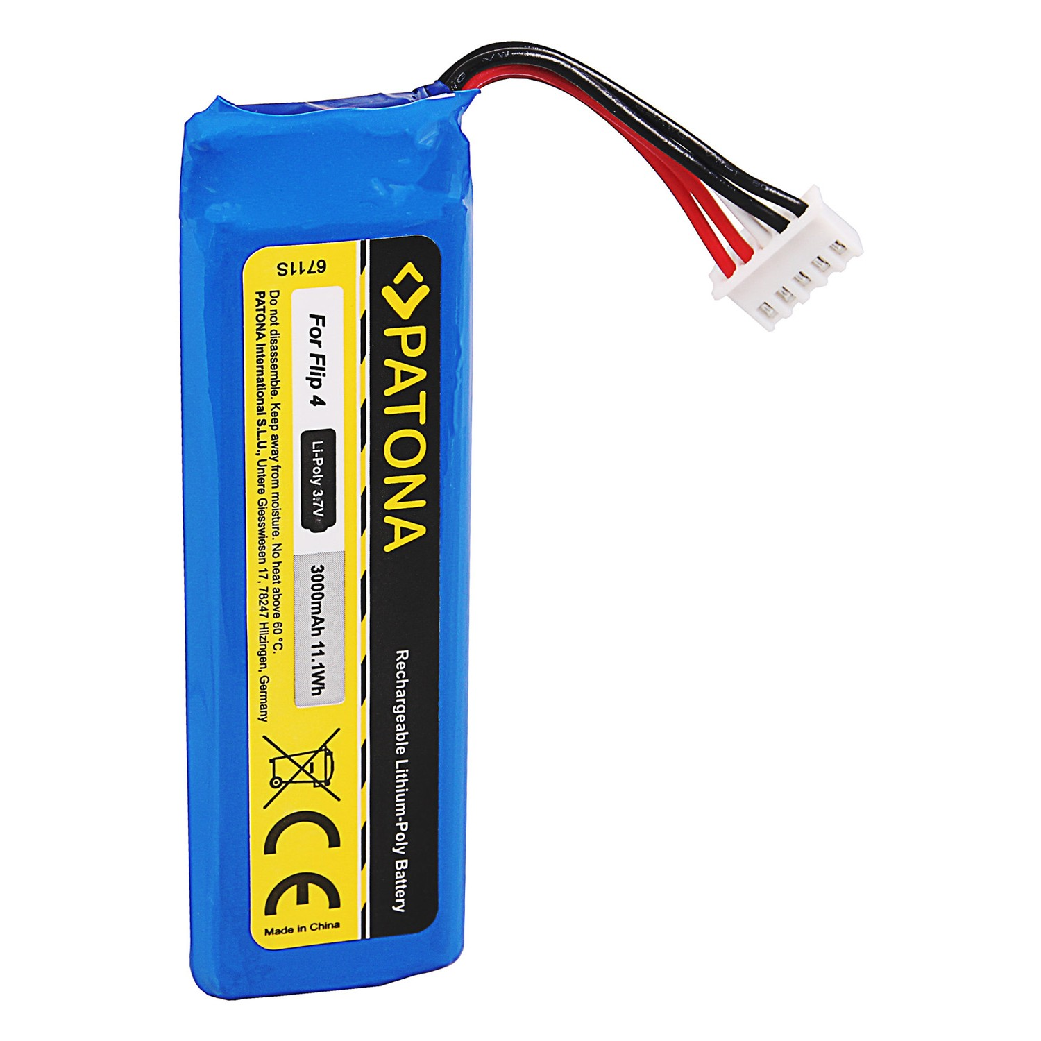 Blauer Akku mit Kabeln und Aufkleber für Flip 4, 3000mAh, 11.1Wh.