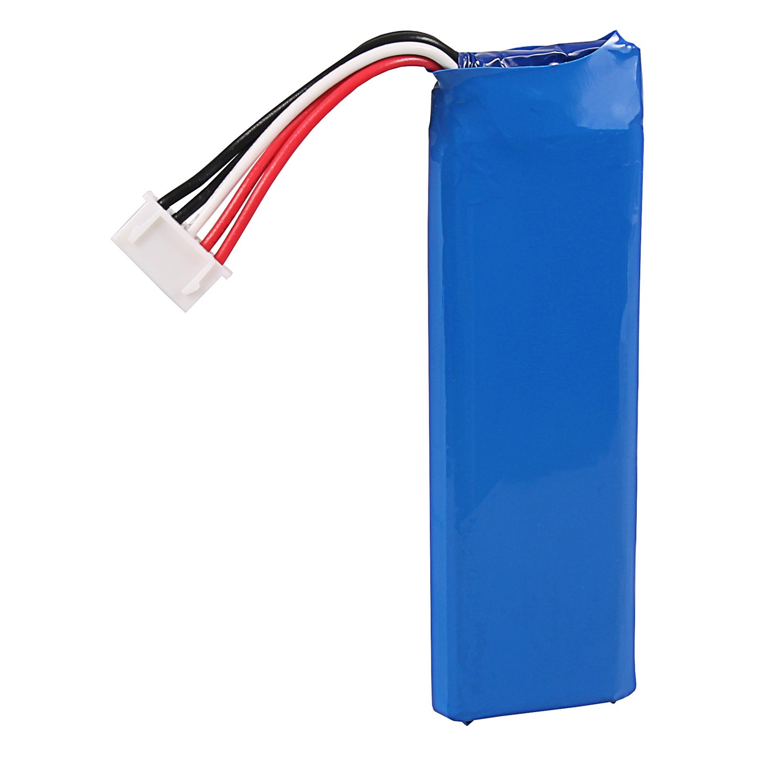 Ein blaues Akkupack mit drei Kabeln (rot, schwarz, weiß) und einem weißen Stecker.