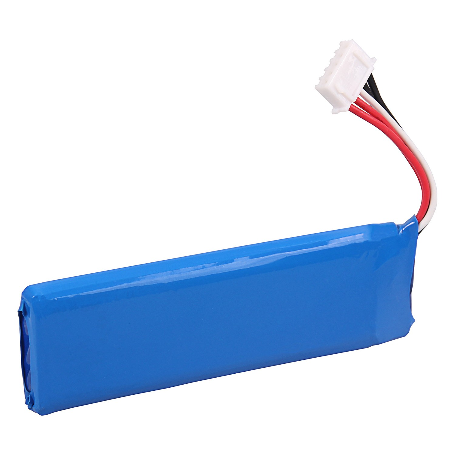Ein blauer Akku mit drei Kabeln und einem weißen Stecker.