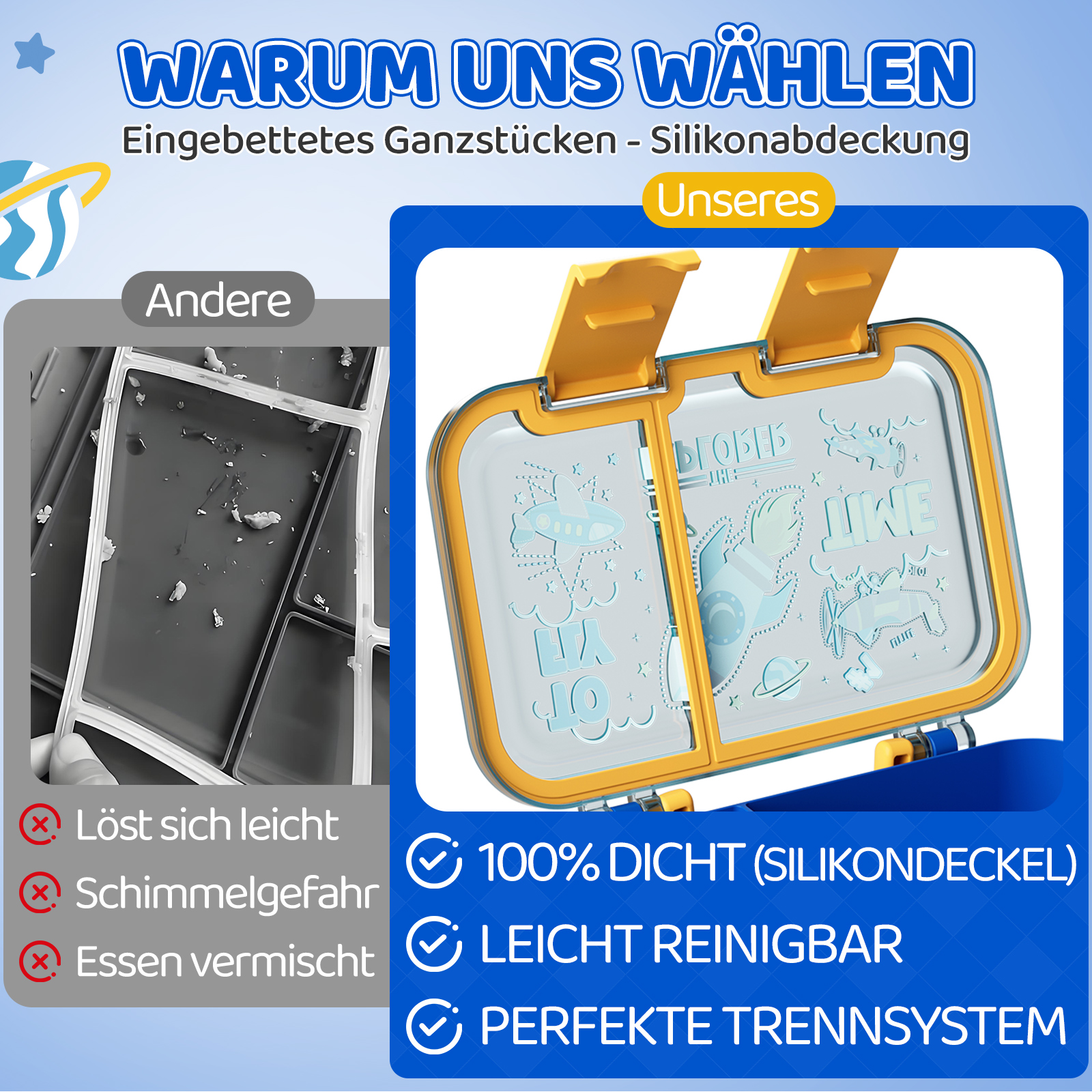 Vergleich von zwei Brotdosen: eine mit Schimmel und gemischtem Essen, eine andere sauber und dicht.
