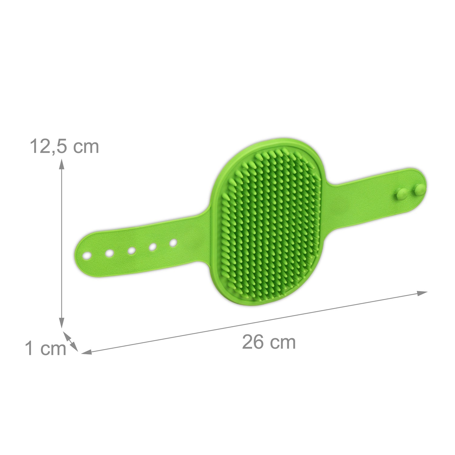 Guante de cepillo de masaje verde con dimensiones sobre fondo blanco.