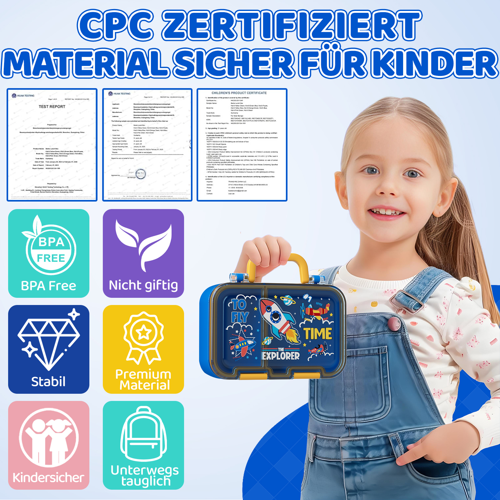 Ein Kind hält eine Brotdose mit Raketenmotiv. Zertifikate im Hintergrund.