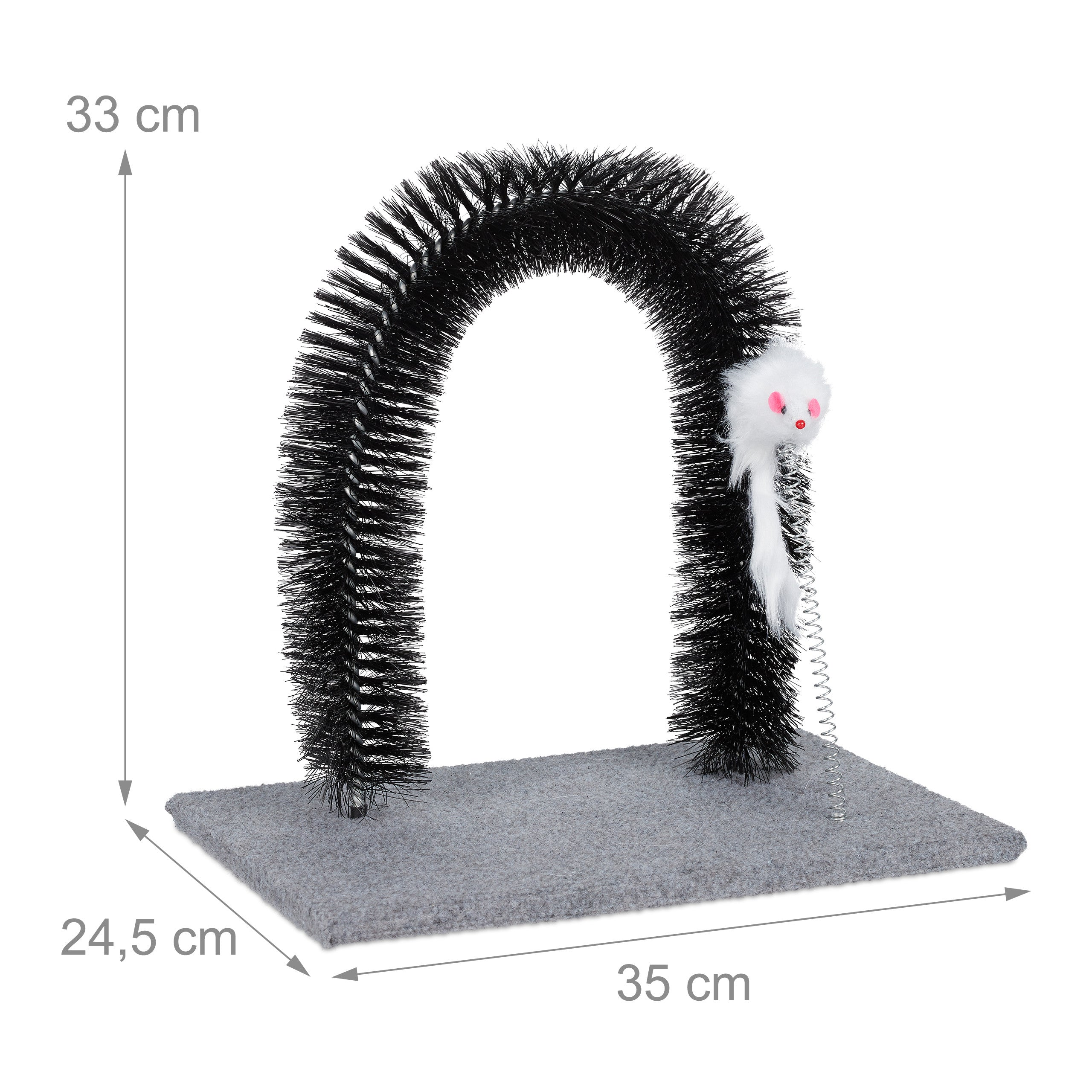 Arco de cepillo negro con ratón de juguete sobre alfombra gris. Dimensiones: 33x35x24,5 cm.